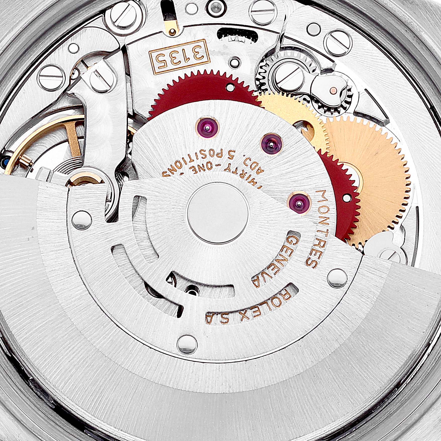 This is a close-up view of the movement mechanism of a Rolex Date 15210 Men's Stainless Steel Silver Dial 15210 Men's Stainless Steel Silver Dial model watch, showing gears and intricate components.