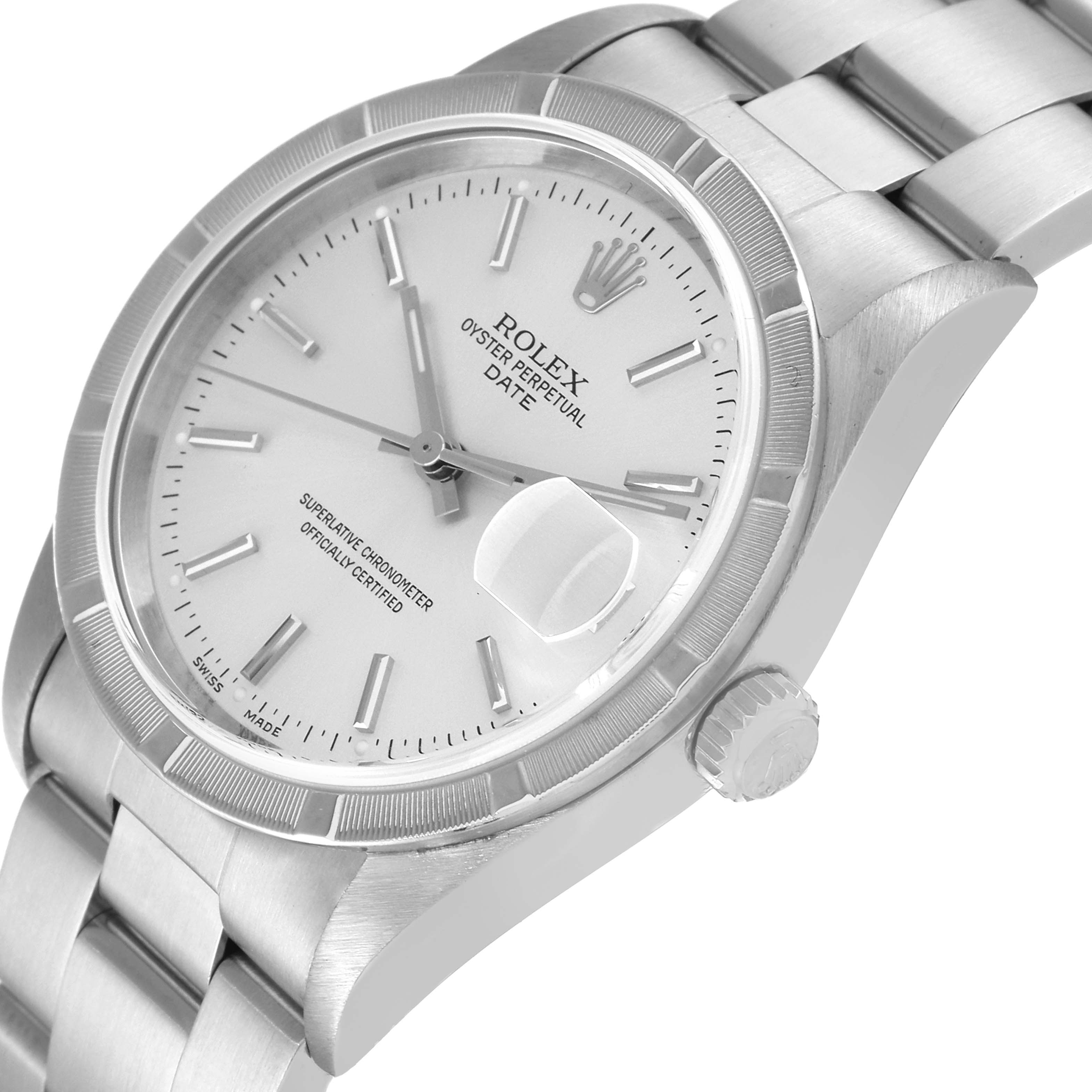 This is a close-up angle of a Rolex Date 15210 Men's Stainless Steel Silver Dial 15210 Men's Stainless Steel Silver Dial model watch showing the dial, crown, and part of the bracelet.