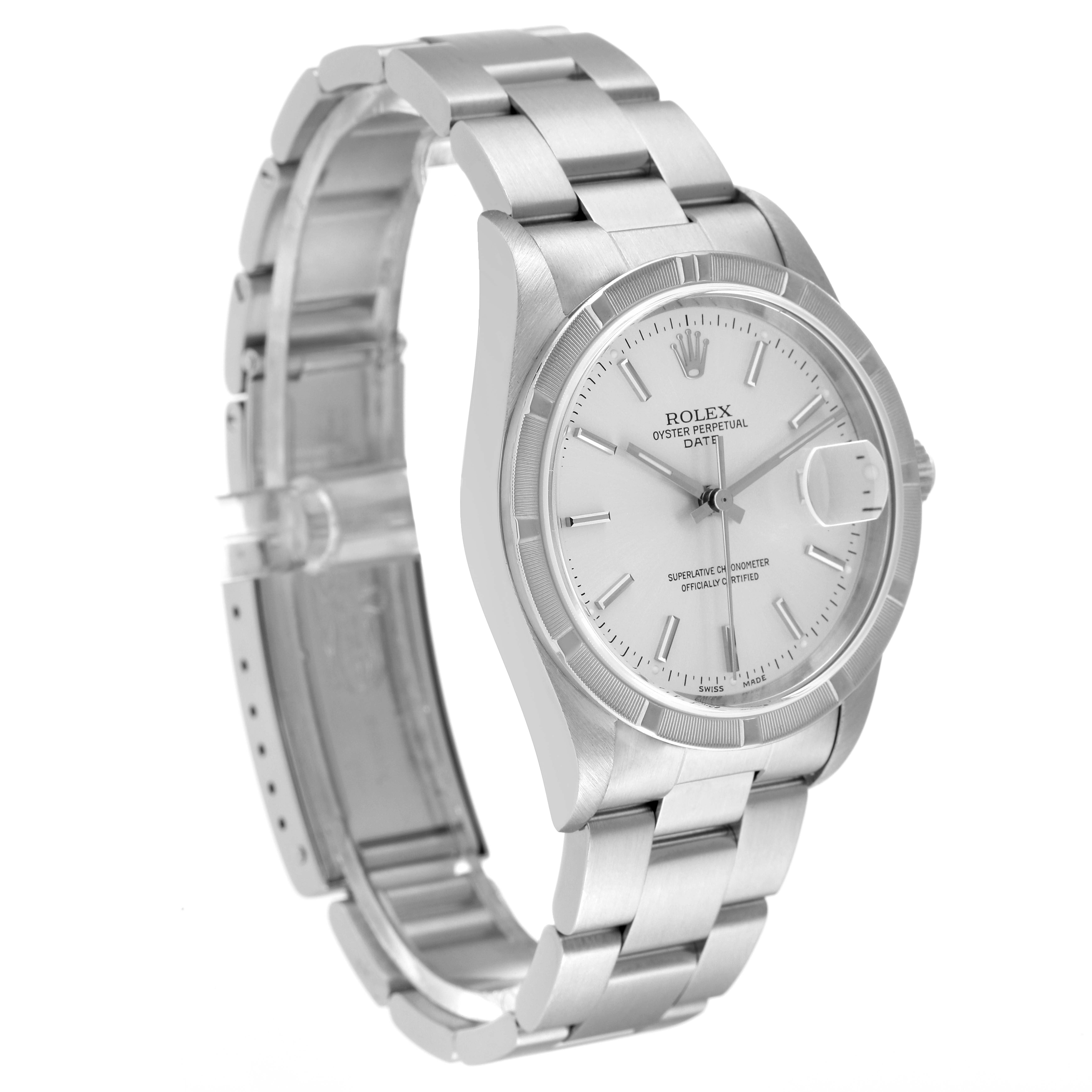 The image displays a Rolex Date 15210 Men's Stainless Steel Silver Dial 15210 Men's Stainless Steel Silver Dial model watch at an angle showing its face, bracelet, and partially opened clasp.