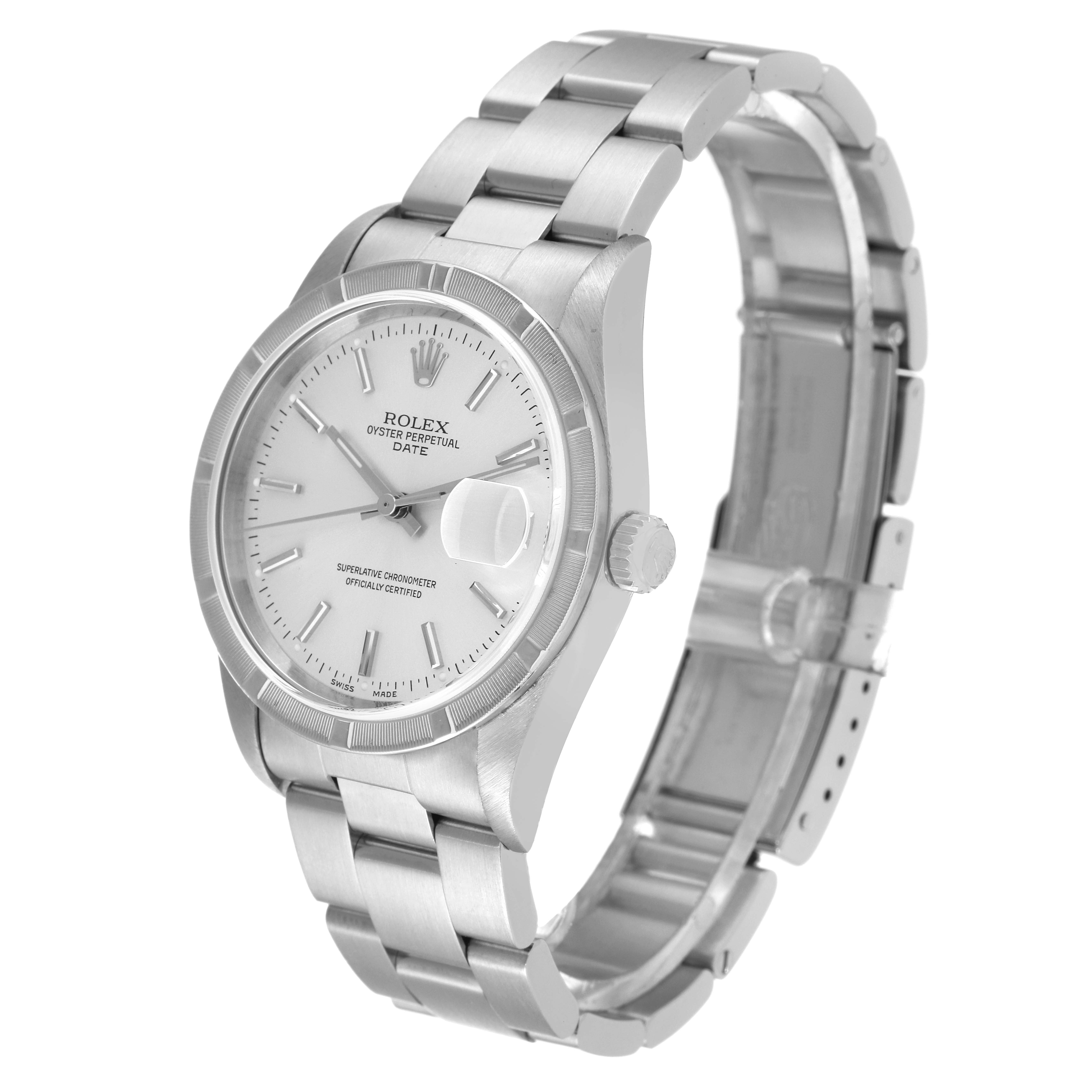 This image shows a side angle of the Rolex Date 15210 Men's Stainless Steel Silver Dial 15210 Men's Stainless Steel Silver Dial model, highlighting the dial, bracelet, crown, and case.