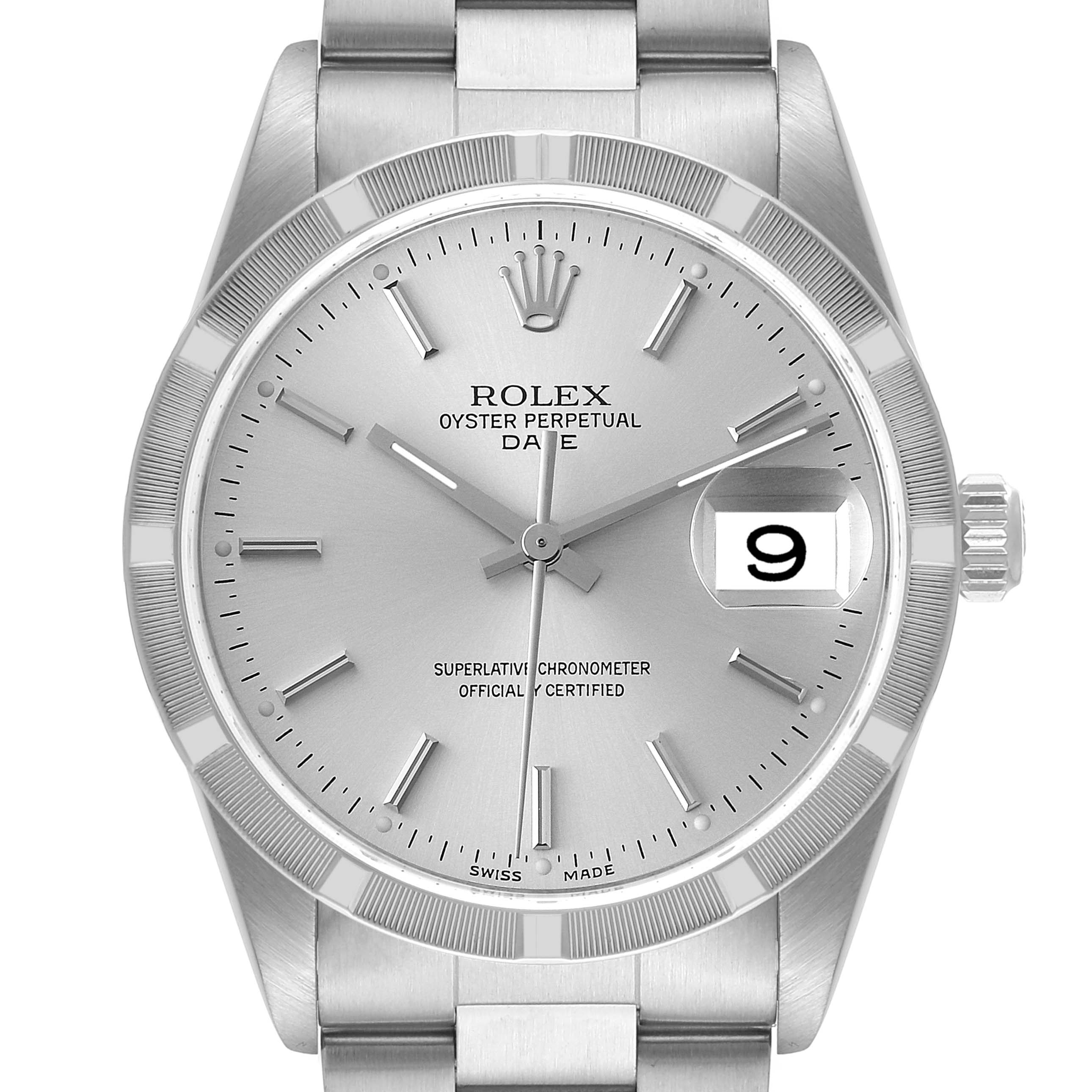 This image shows a front view of a Rolex Date 15210 Men's Stainless Steel Silver Dial 15210 Men's Stainless Steel Silver Dial model watch, displaying the dial, hands, bezel, and bracelet.