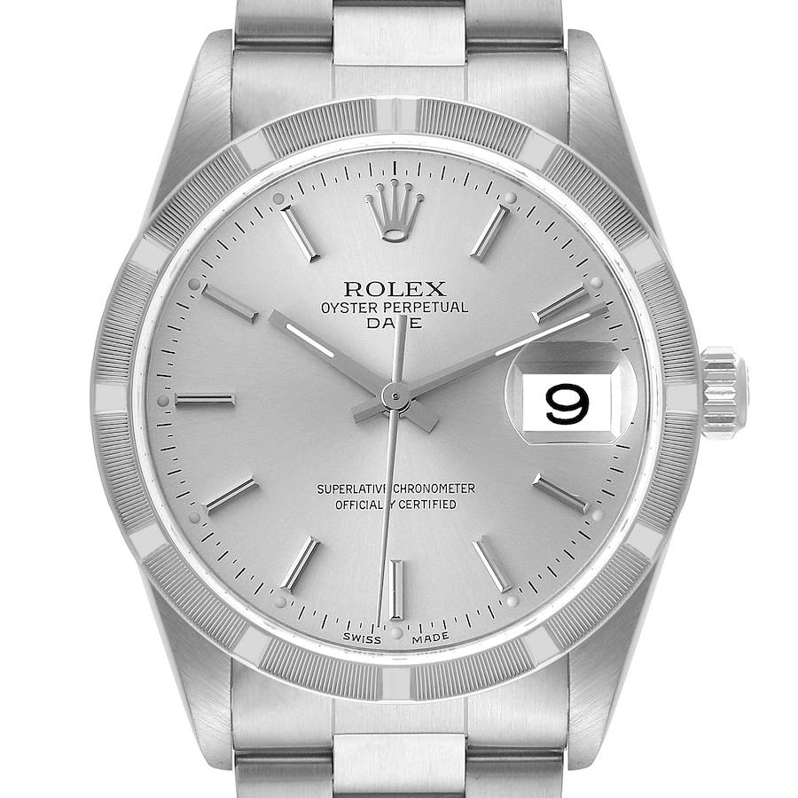 Rolex Date Silver Dial Engine Turned Bezel Steel Mens Watch 15210 SwissWatchExpo