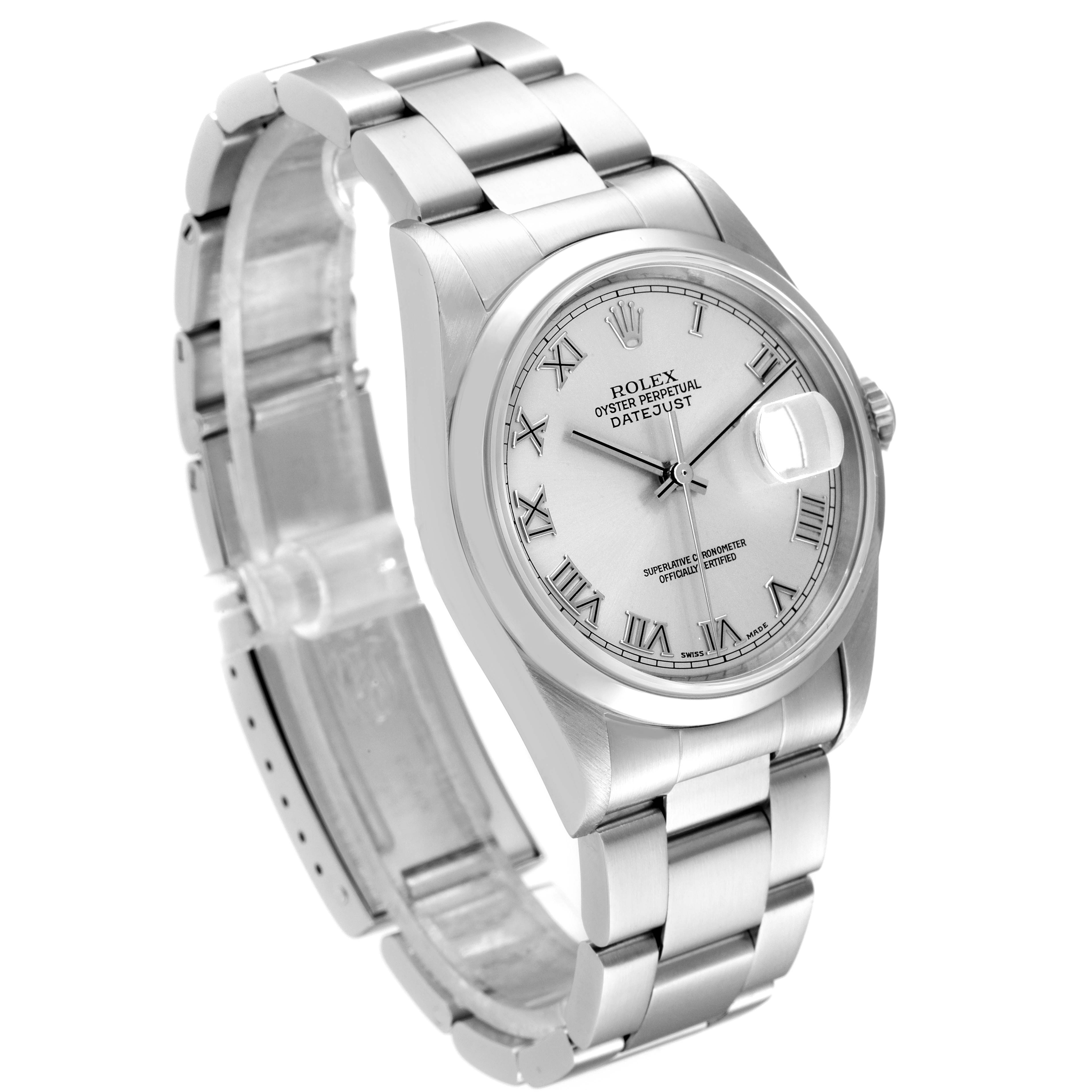 The image shows a Rolex Datejust 16200 Men
s Stainless Steel Grey Dial 16200 Men
s Stainless Steel Grey Dial watch from an angled perspective, highlighting its face, bracelet, and crown.