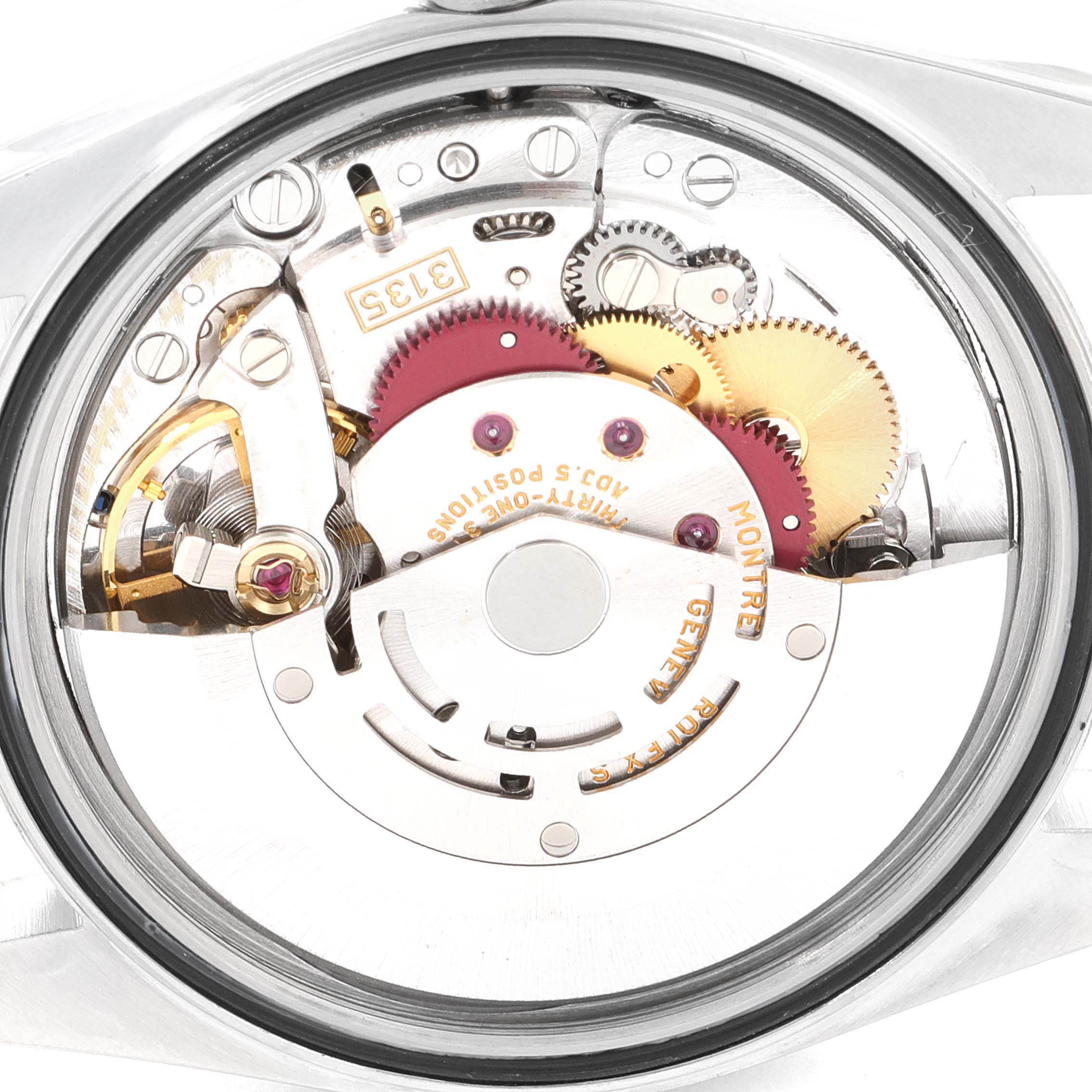 The image shows the internal mechanical components of a Rolex Datejust 16200 Men
s Stainless Steel Grey Dial 16200 Men
s Stainless Steel Grey Dial watch from a rear angle.