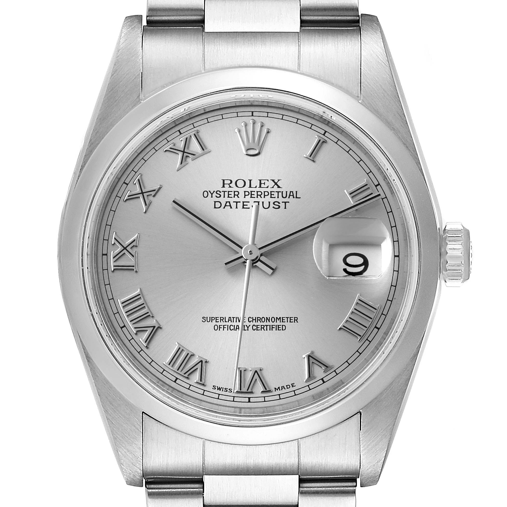 The image shows a front view of a Rolex Datejust 16200 Men
s Stainless Steel Grey Dial 16200 Men
s Stainless Steel Grey Dial watch, highlighting its silver dial, Roman numerals, and date magnifier.
