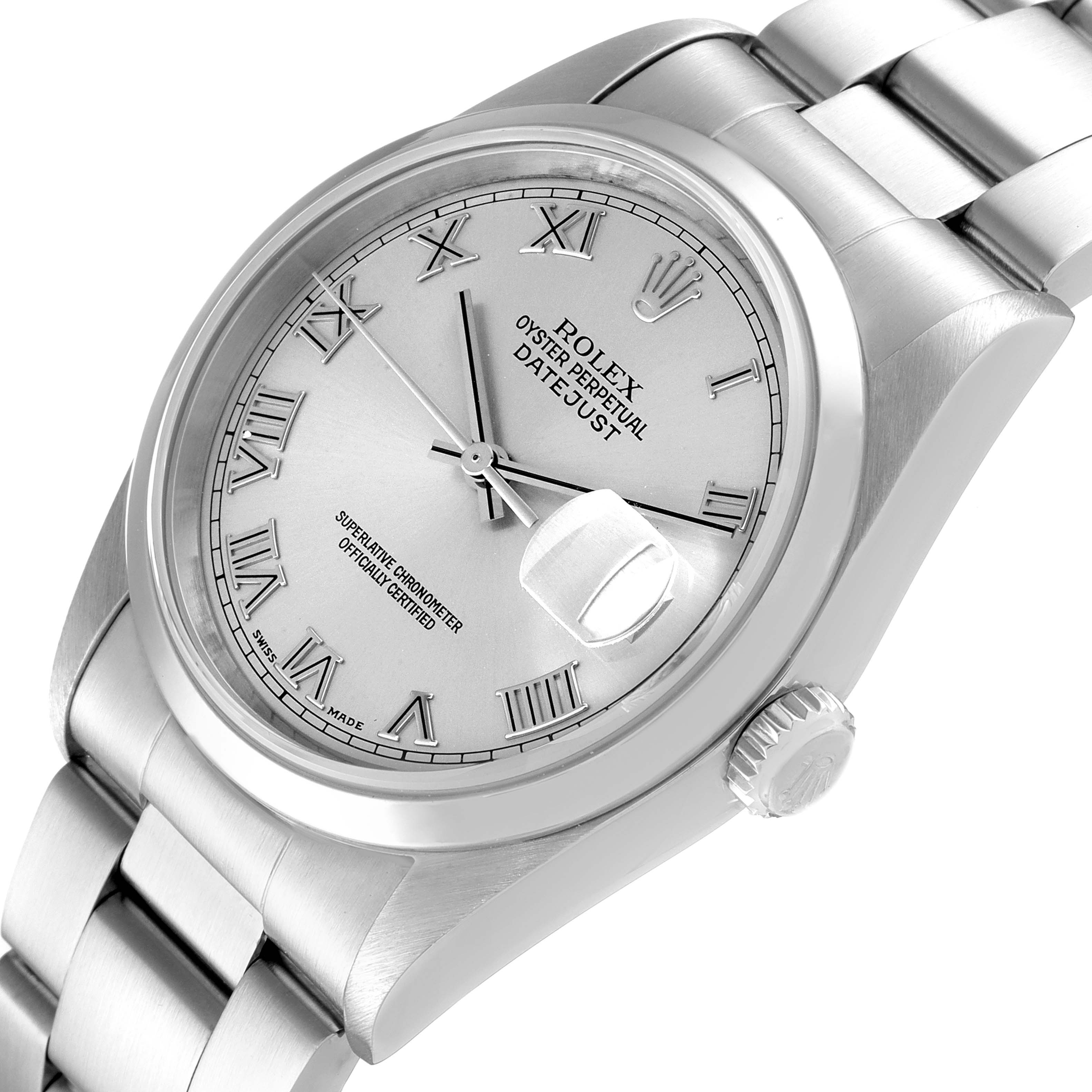 This image shows a close-up, angled view of a Rolex Datejust 16200 Men
s Stainless Steel Grey Dial 16200 Men
s Stainless Steel Grey Dial watch, focusing on the dial, hands, bracelet, and crown.