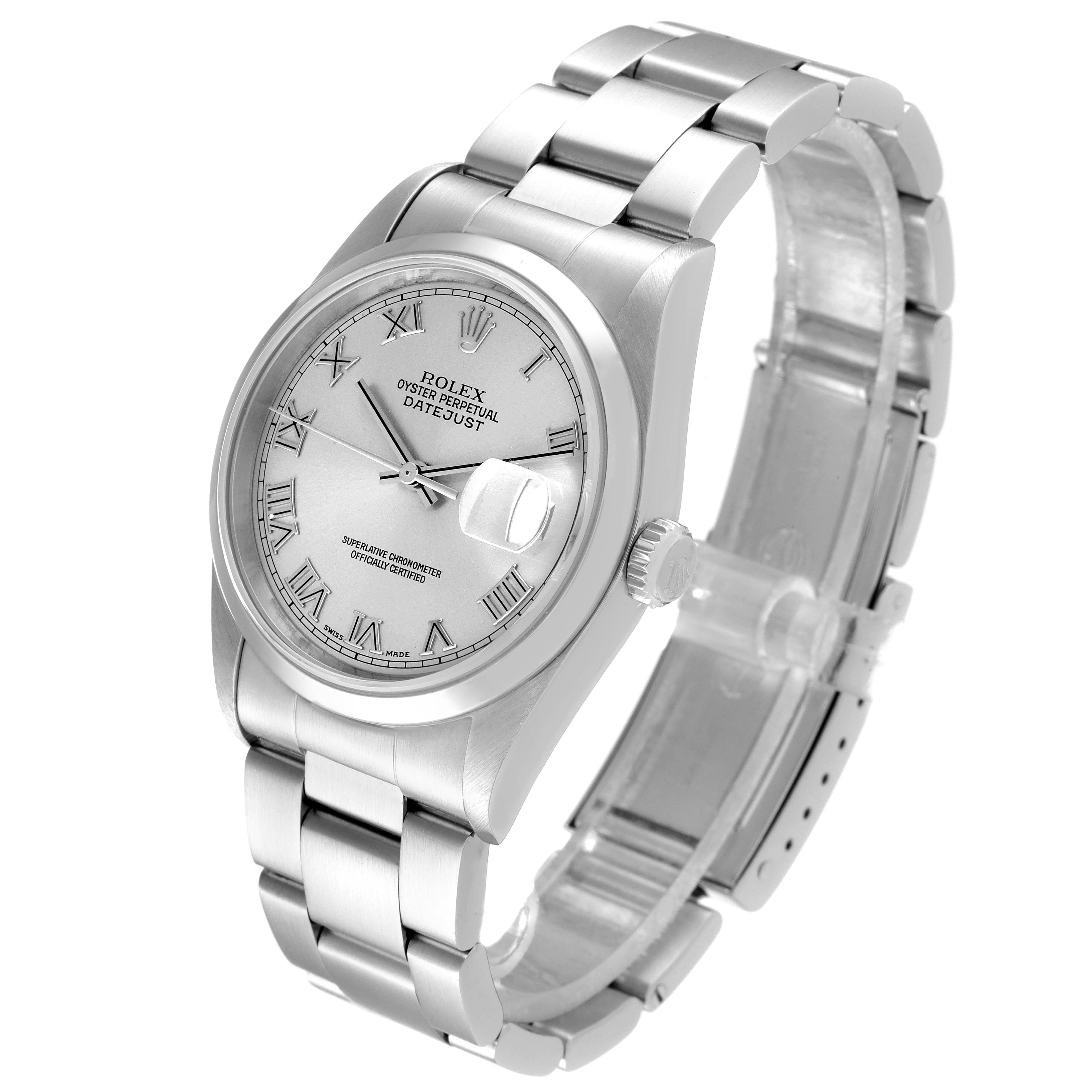 The image shows a Rolex Datejust 16200 Men
s Stainless Steel Grey Dial 16200 Men
s Stainless Steel Grey Dial watch from a 3/4 angle, focusing on the face, bezel, case, and part of the bracelet.