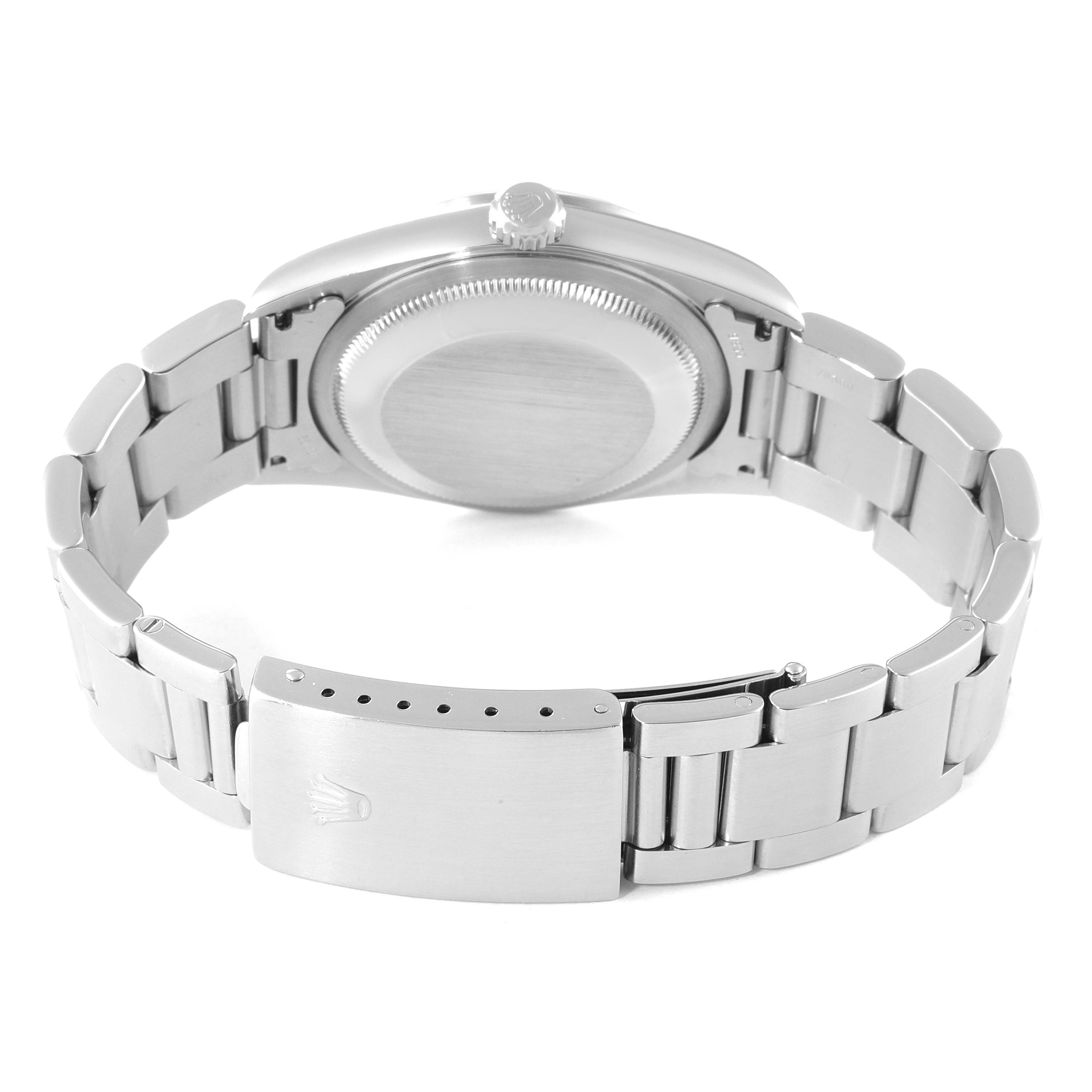 The image shows the back view of a Rolex Datejust 16200 Men
s Stainless Steel Grey Dial 16200 Men
s Stainless Steel Grey Dial watch, highlighting the case back, bracelet, and clasp.