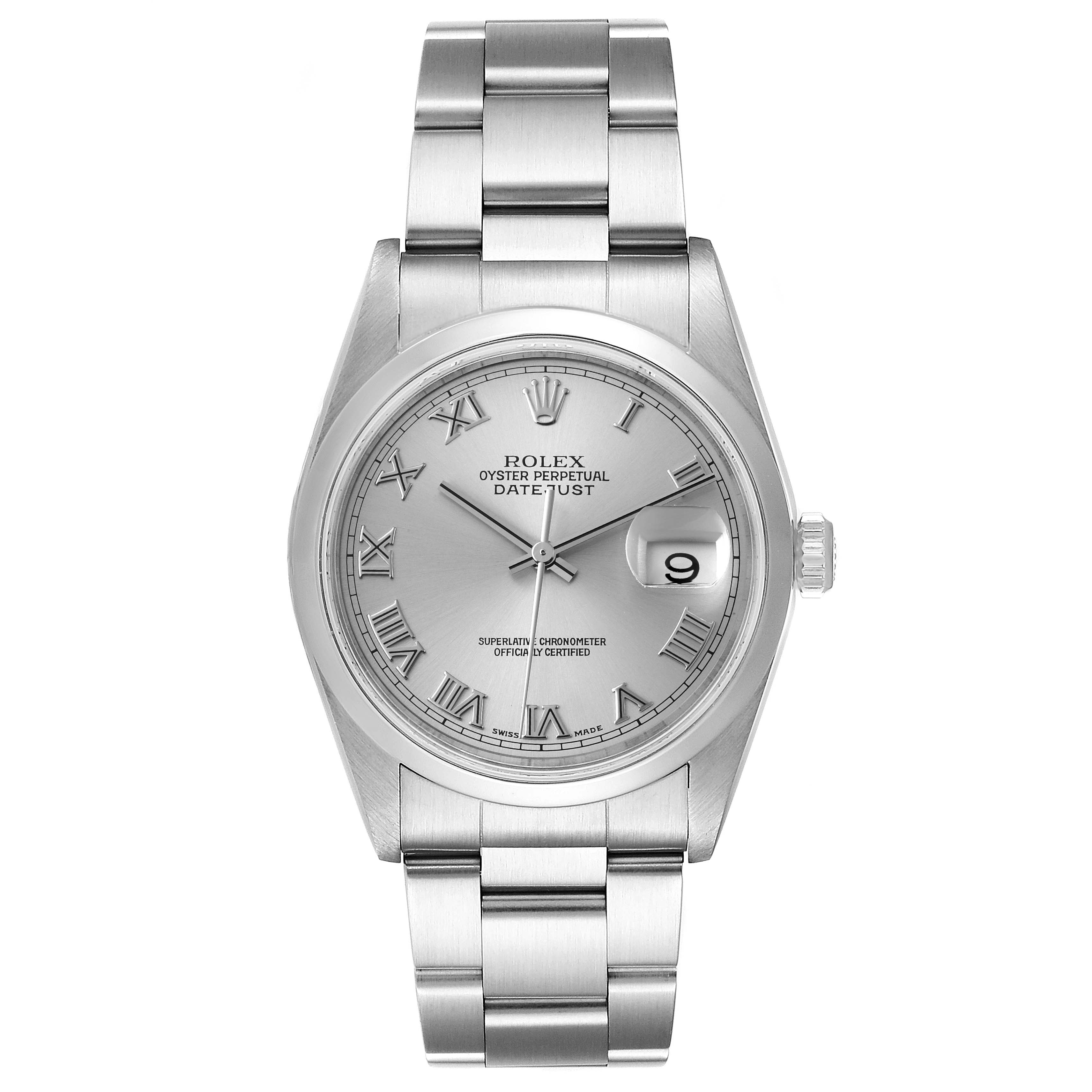 This is a front-facing view of a Rolex Datejust 16200 Men
s Stainless Steel Grey Dial 16200 Men
s Stainless Steel Grey Dial watch showing the face, bezel, bracelet, and crown.