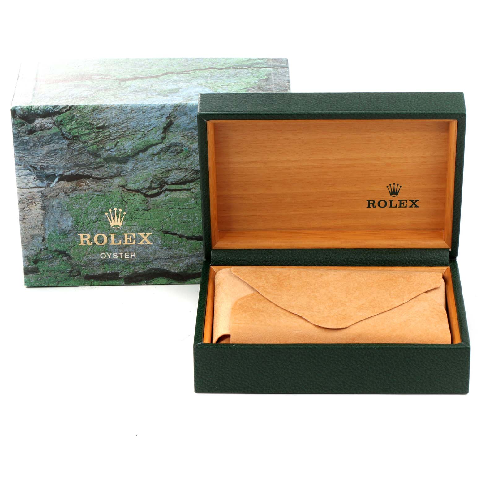 The image shows the opened green and wooden box for a Rolex Datejust 16200 Men
s Stainless Steel Grey Dial 16200 Men
s Stainless Steel Grey Dial, along with the outer packaging.