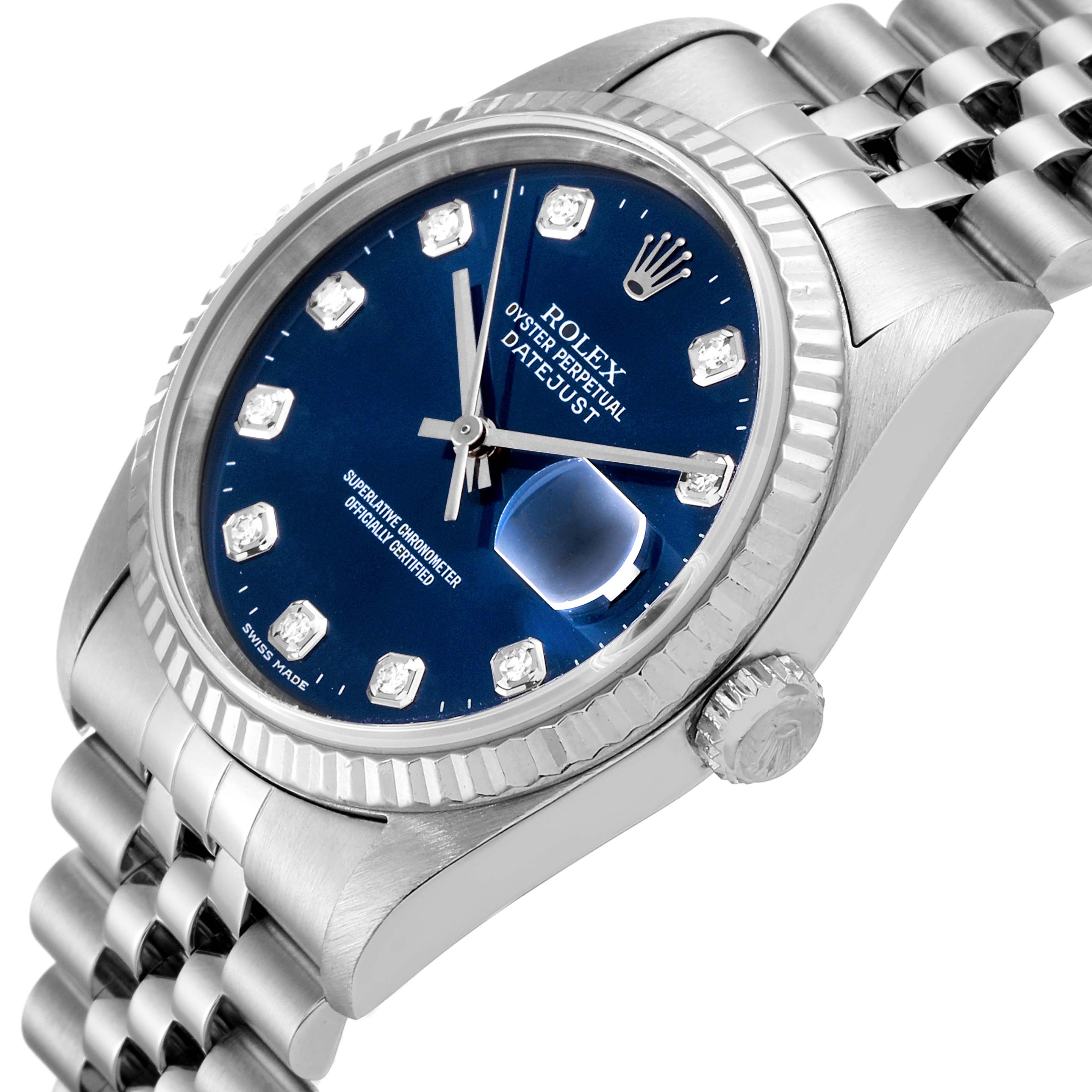This image shows a close-up side view of a Rolex Datejust 16234 Men
s Stainless Steel Blue Dial 16234 Men
s Stainless Steel Blue Dial watch, highlighting its blue dial, crown, and bracelet.
