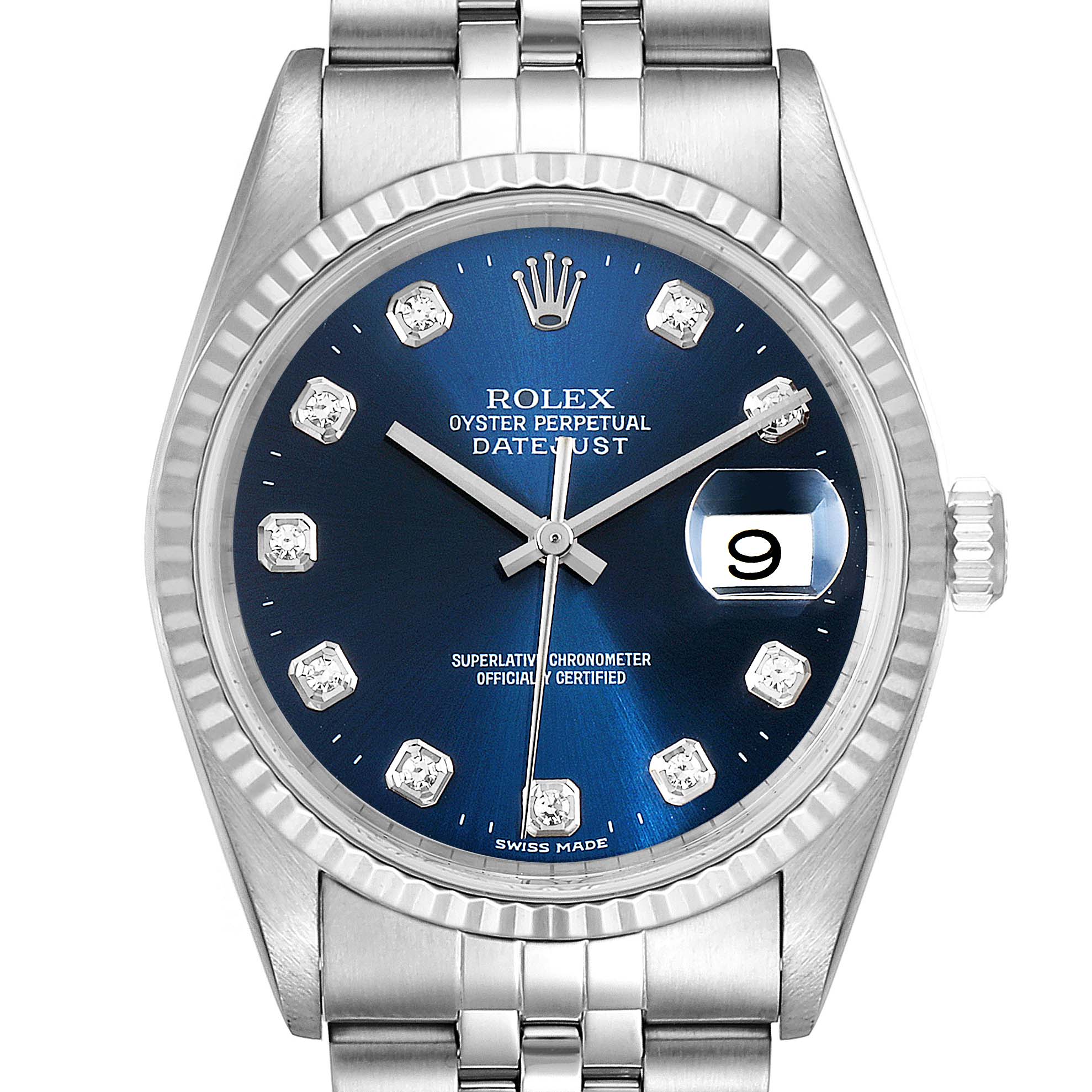 The image shows a Rolex Datejust 16234 Men
s Stainless Steel Blue Dial 16234 Men
s Stainless Steel Blue Dial watch from a frontal angle, displaying its blue dial, diamond hour markers, and Jubilee bracelet.