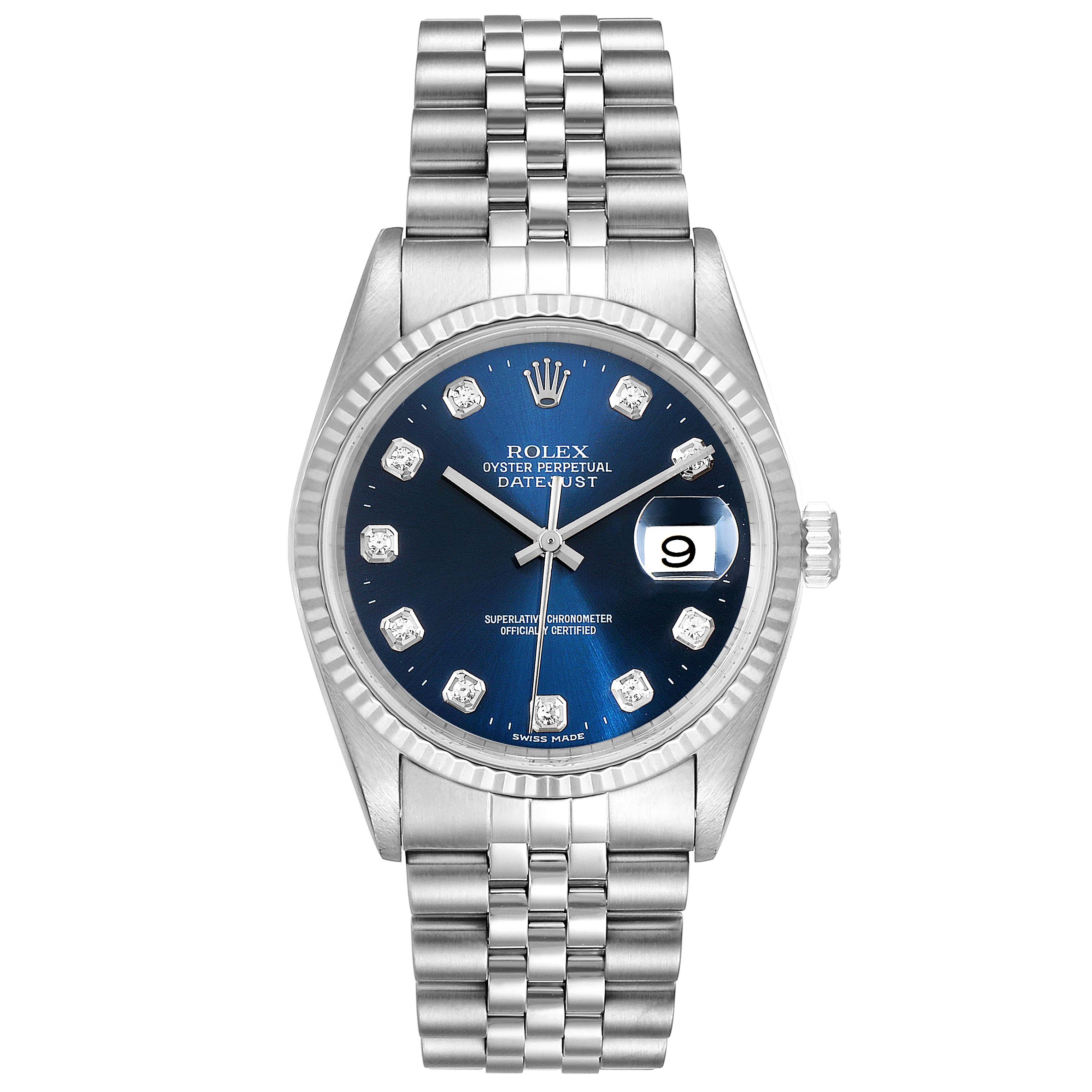 The image shows a front view of the Rolex Datejust 16234 Men
s Stainless Steel Blue Dial 16234 Men
s Stainless Steel Blue Dial watch, displaying the dial, bezel, crown, and bracelet.