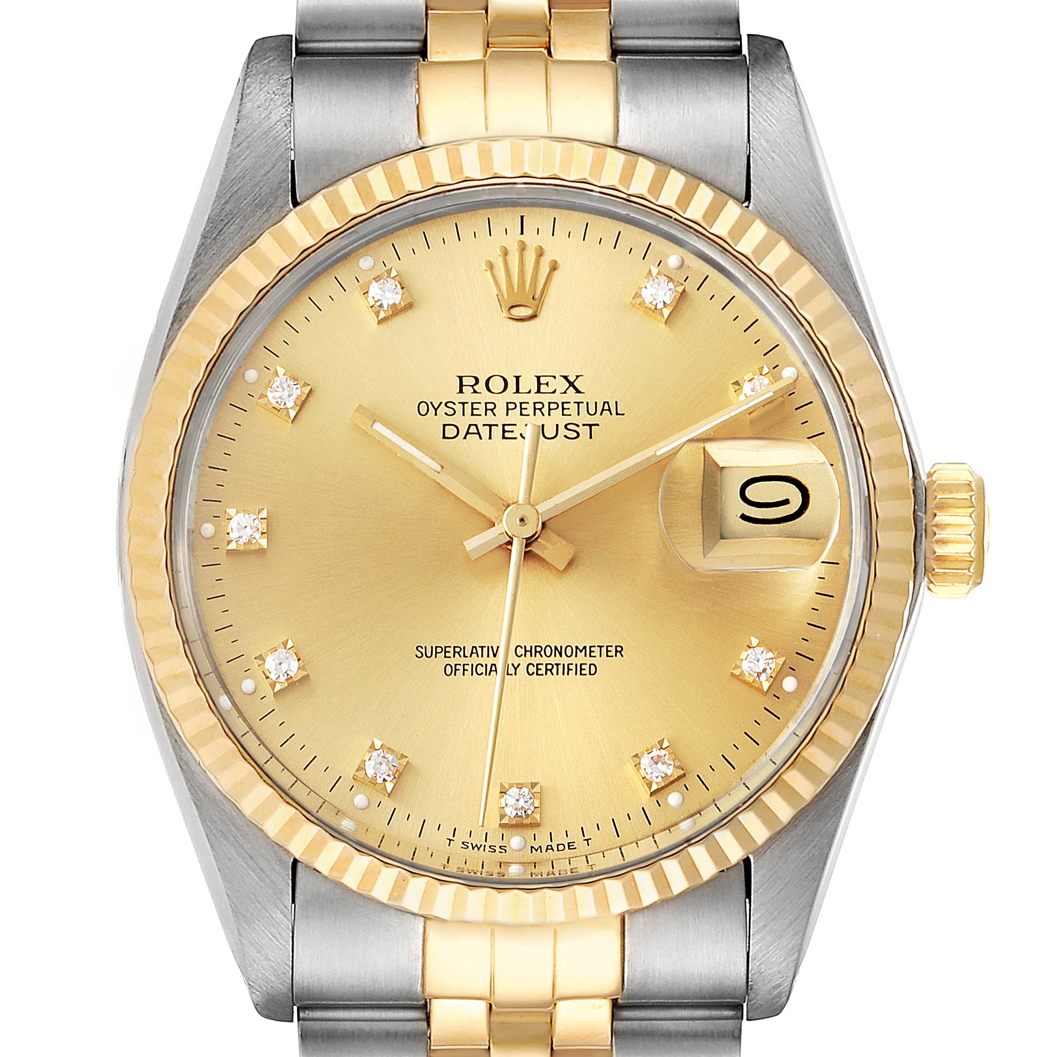 The image displays a Rolex Datejust 16013 Men
s Steel and Gold (two tone) Champagne Dial 16013 Men
s Steel and Gold (two tone) Champagne Dial watch from a top-down angle, showcasing the dial, bezel, and bracelet.