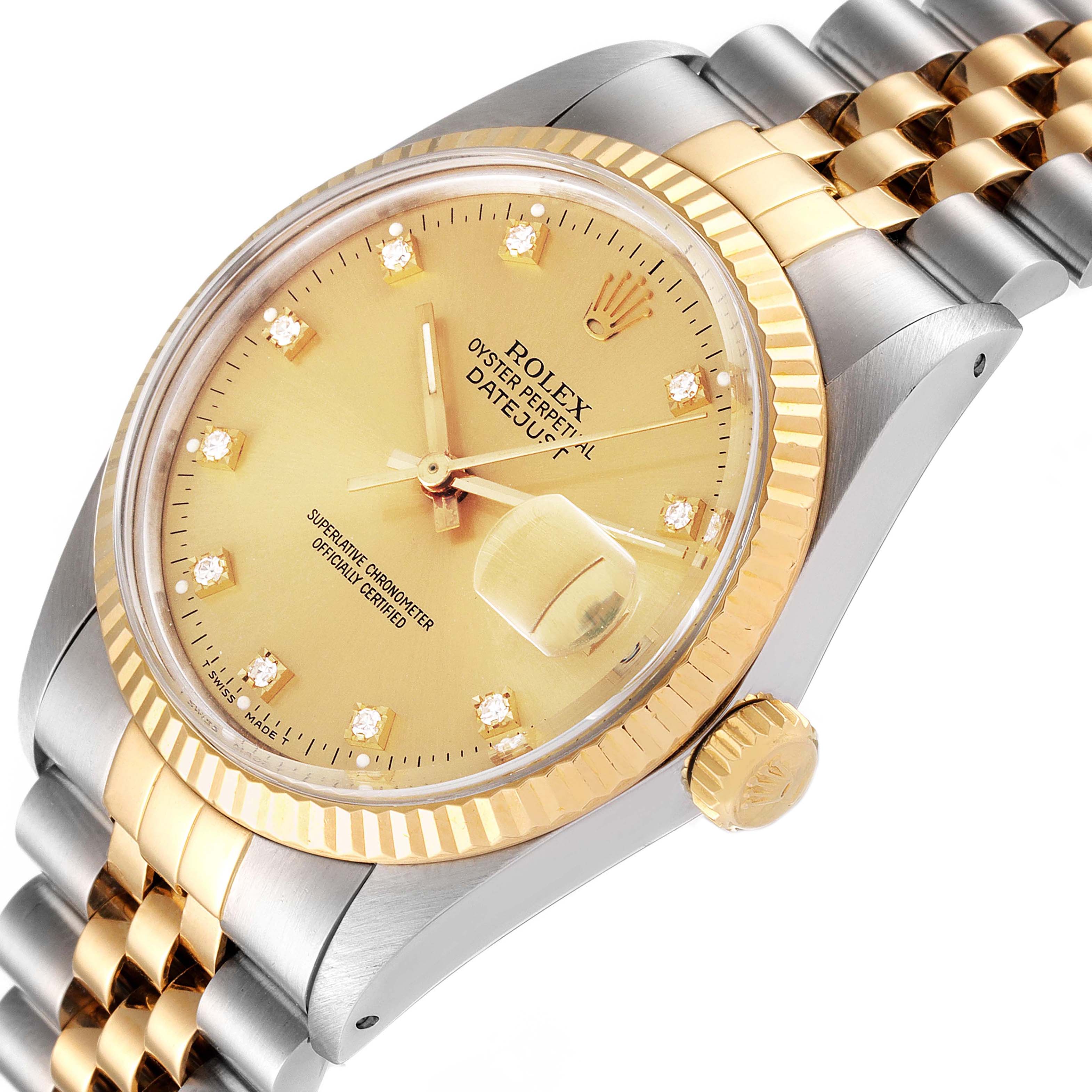 The Rolex Datejust 16013 Men
s Steel and Gold (two tone) Champagne Dial 16013 Men
s Steel and Gold (two tone) Champagne Dial watch is shown at a slight angle, highlighting its gold dial, fluted bezel, and two-tone bracelet.