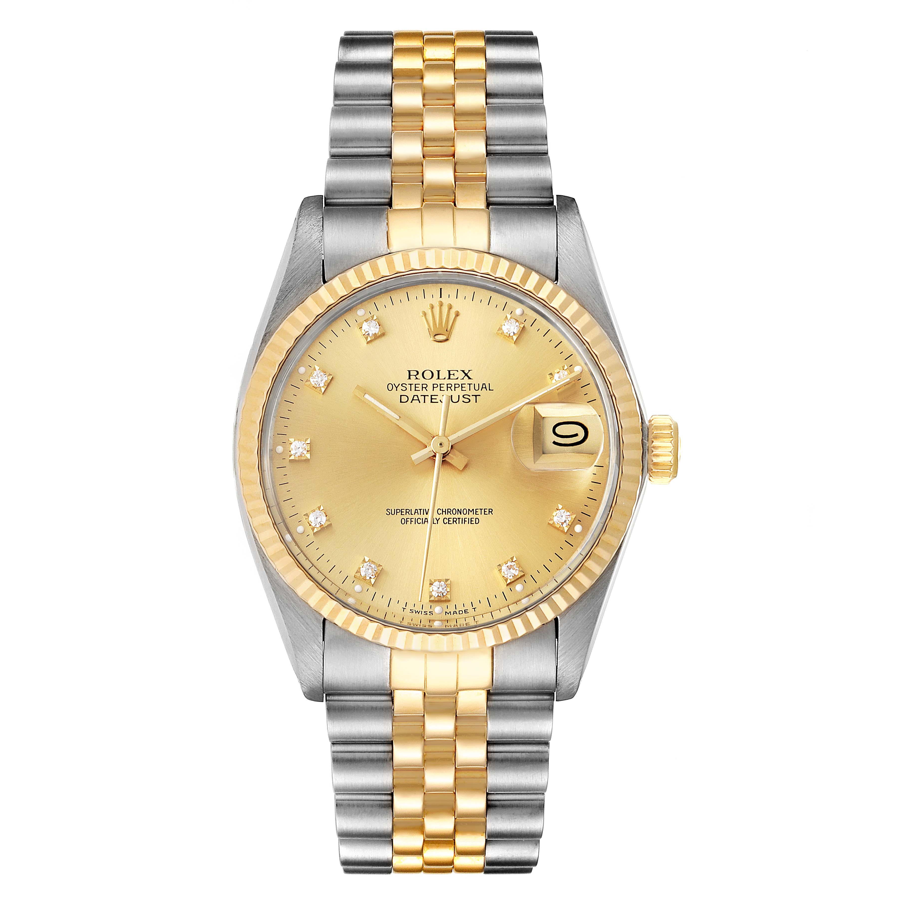 This image shows a front view of a Rolex Datejust 16013 Men
s Steel and Gold (two tone) Champagne Dial 16013 Men
s Steel and Gold (two tone) Champagne Dial watch, highlighting its dial, bezel, crown, and bracelet.