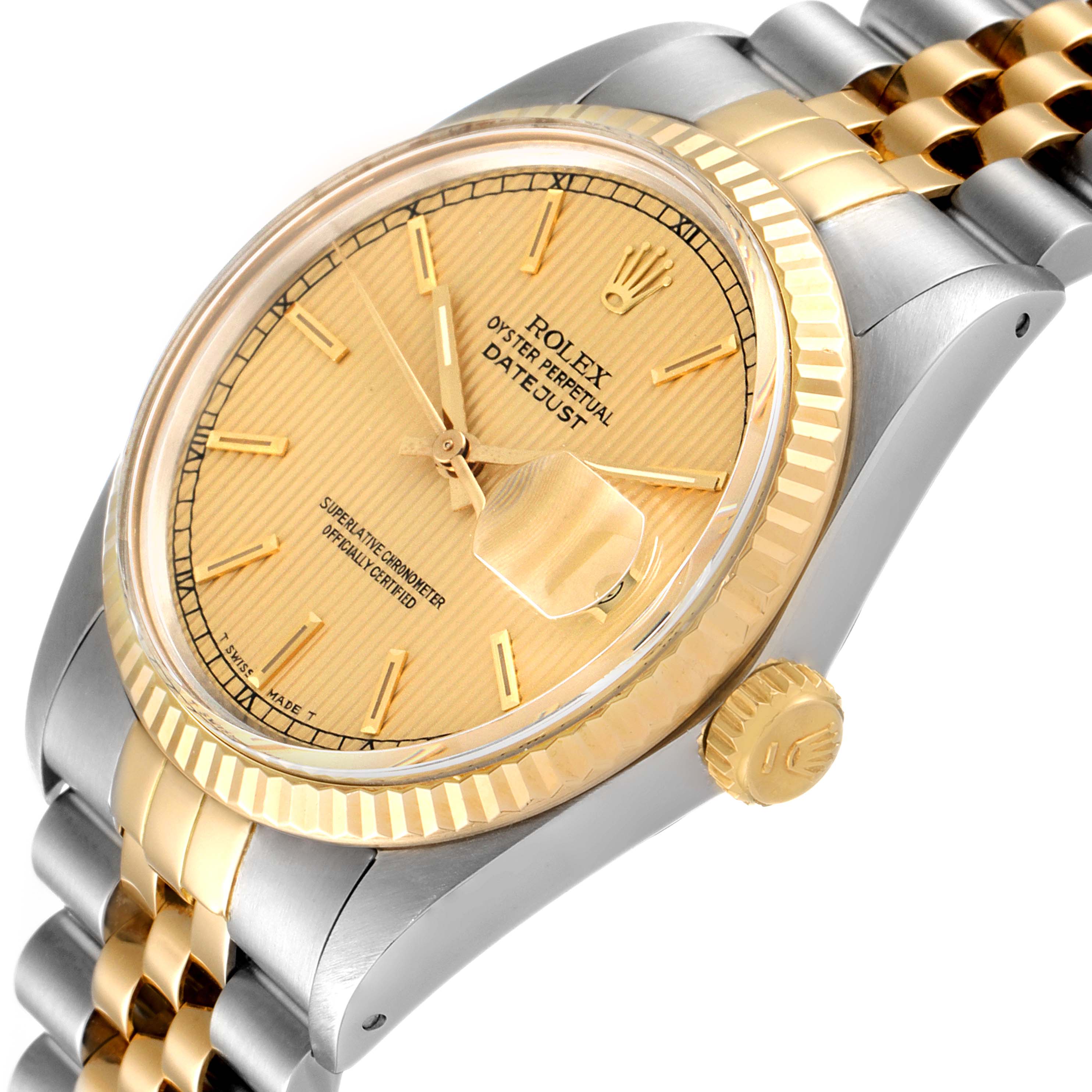The image shows a Rolex Datejust 16013 Men
s Steel and Gold (two tone) Champagne Dial 16013 Men
s Steel and Gold (two tone) Champagne Dial watch from a slight side angle, highlighting the dial, bezel, and part of the bracelet.