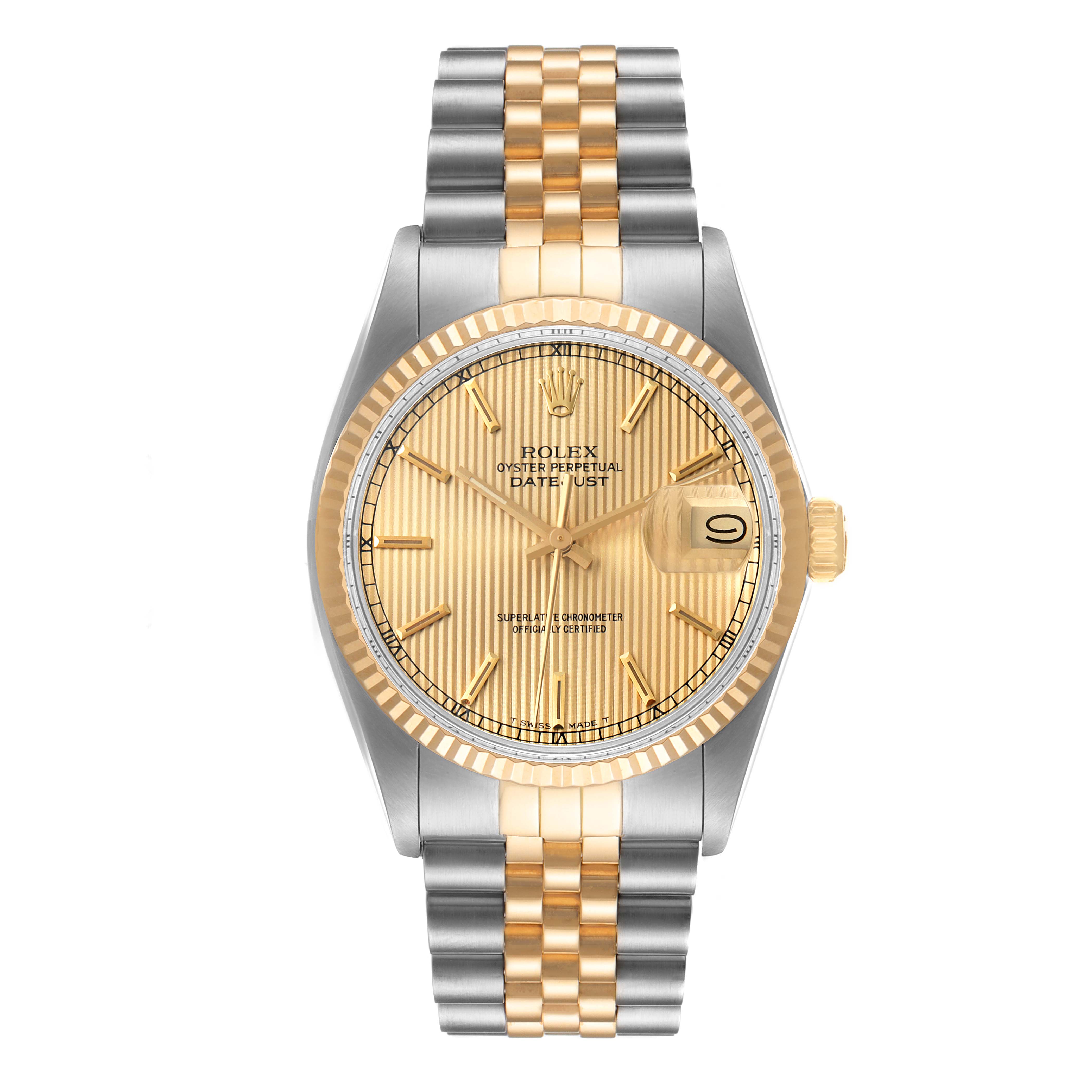 This image shows a frontal view of a Rolex Datejust 16013 Men
s Steel and Gold (two tone) Champagne Dial 16013 Men
s Steel and Gold (two tone) Champagne Dial watch, showcasing its gold dial, fluted bezel, and two-tone bracelet.