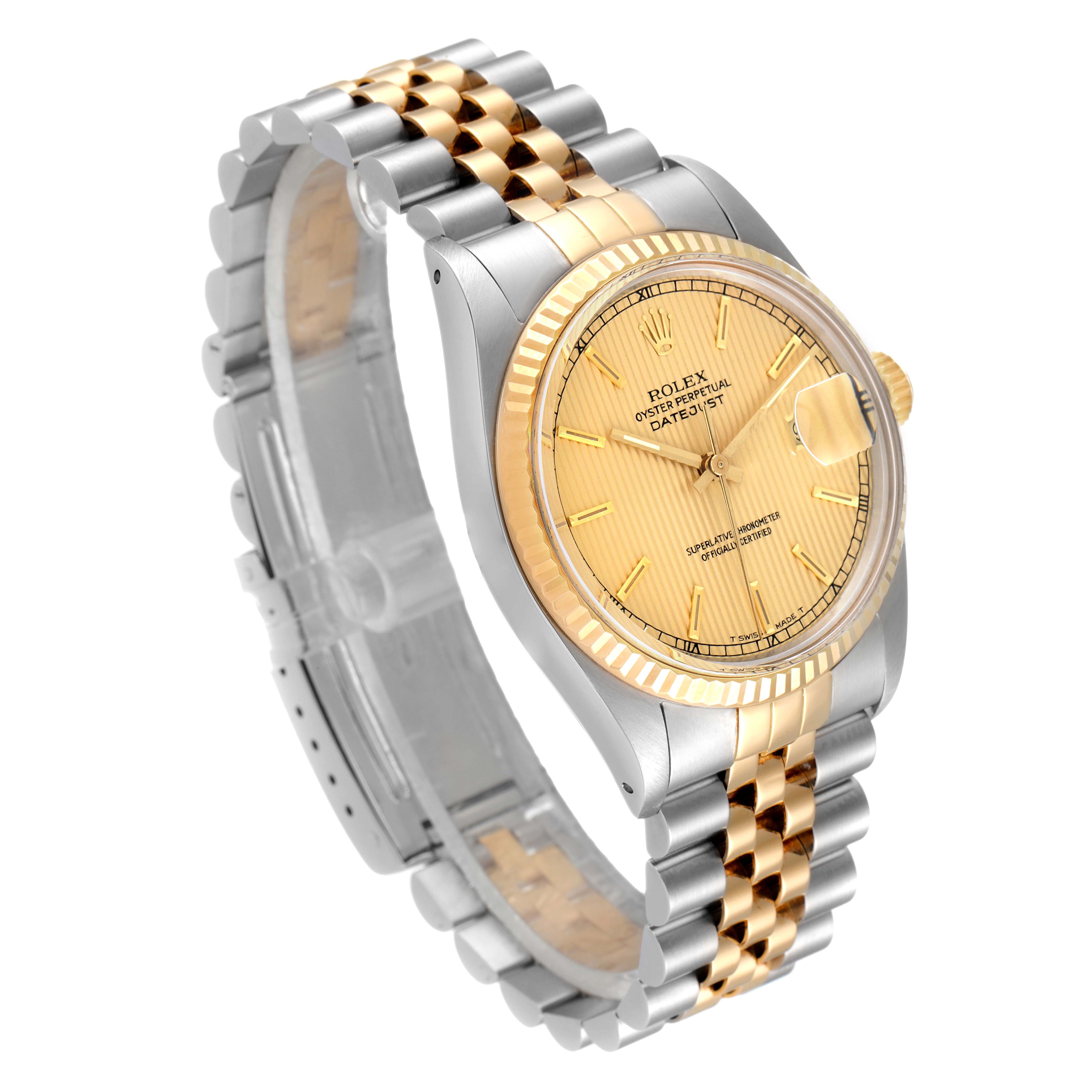 This Rolex Datejust 16013 Men
s Steel and Gold (two tone) Champagne Dial 16013 Men
s Steel and Gold (two tone) Champagne Dial watch is shown at a slight angle displaying the face, bezel, bracelet, and crown.