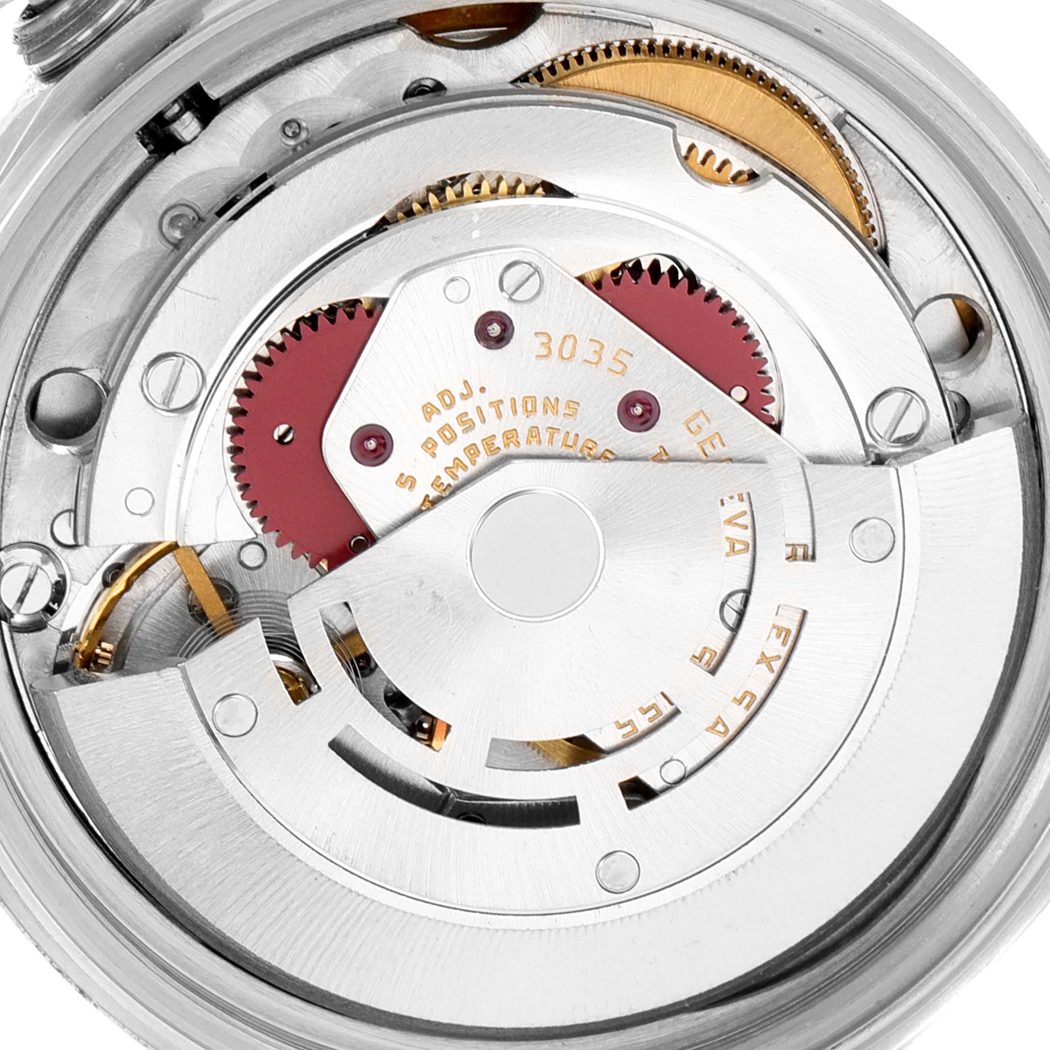 This image shows the movement components of a Rolex Datejust 16013 Men
s Steel and Gold (two tone) Champagne Dial 16013 Men
s Steel and Gold (two tone) Champagne Dial watch from a top-down angle.