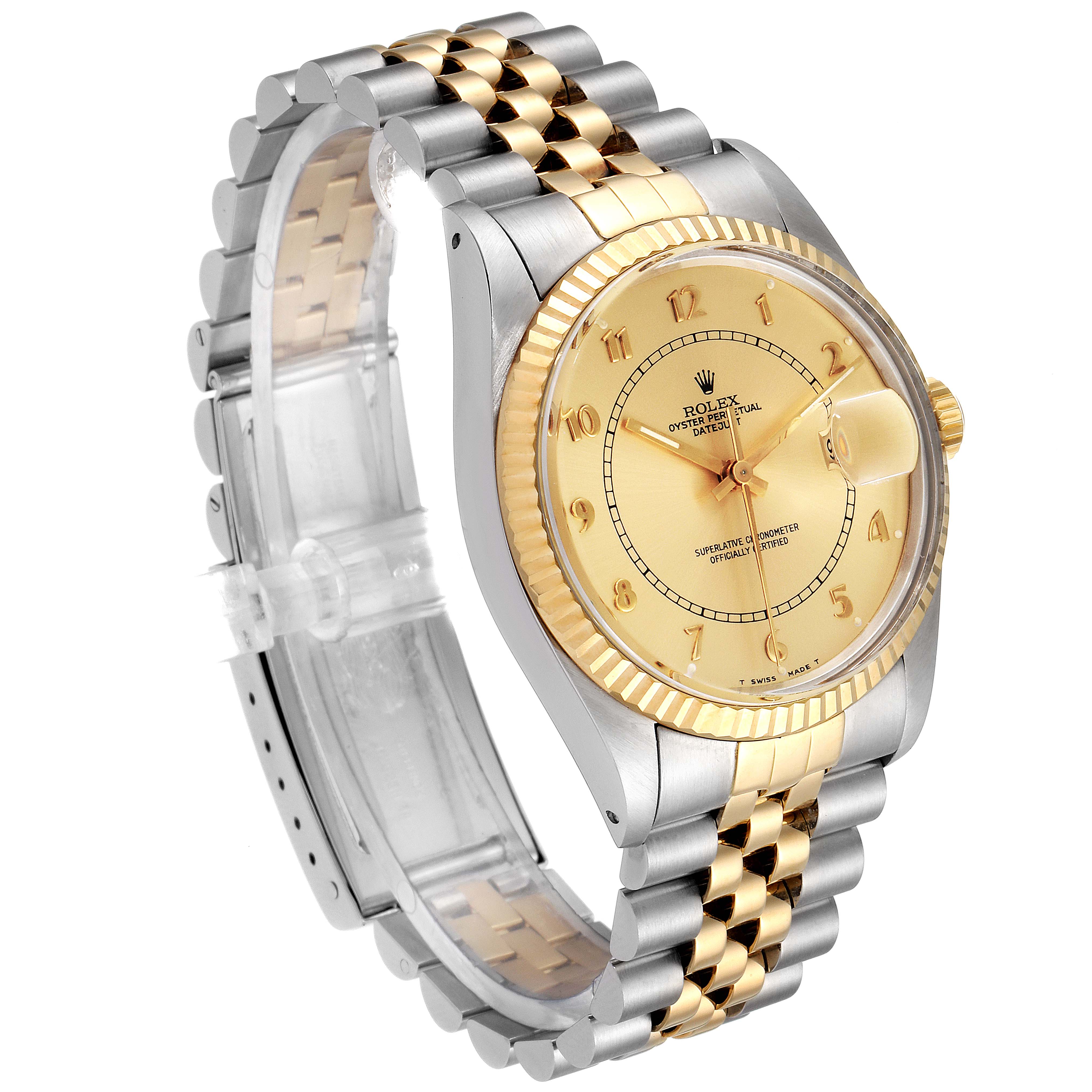 The image shows a Rolex Vintage Collection 16013 Men's Steel and Gold (two tone) Champagne Dial 16013 Men's Steel and Gold (two tone) Champagne Dial watch from an angled view, highlighting its two-tone bracelet, gold bezel, and gold dial.