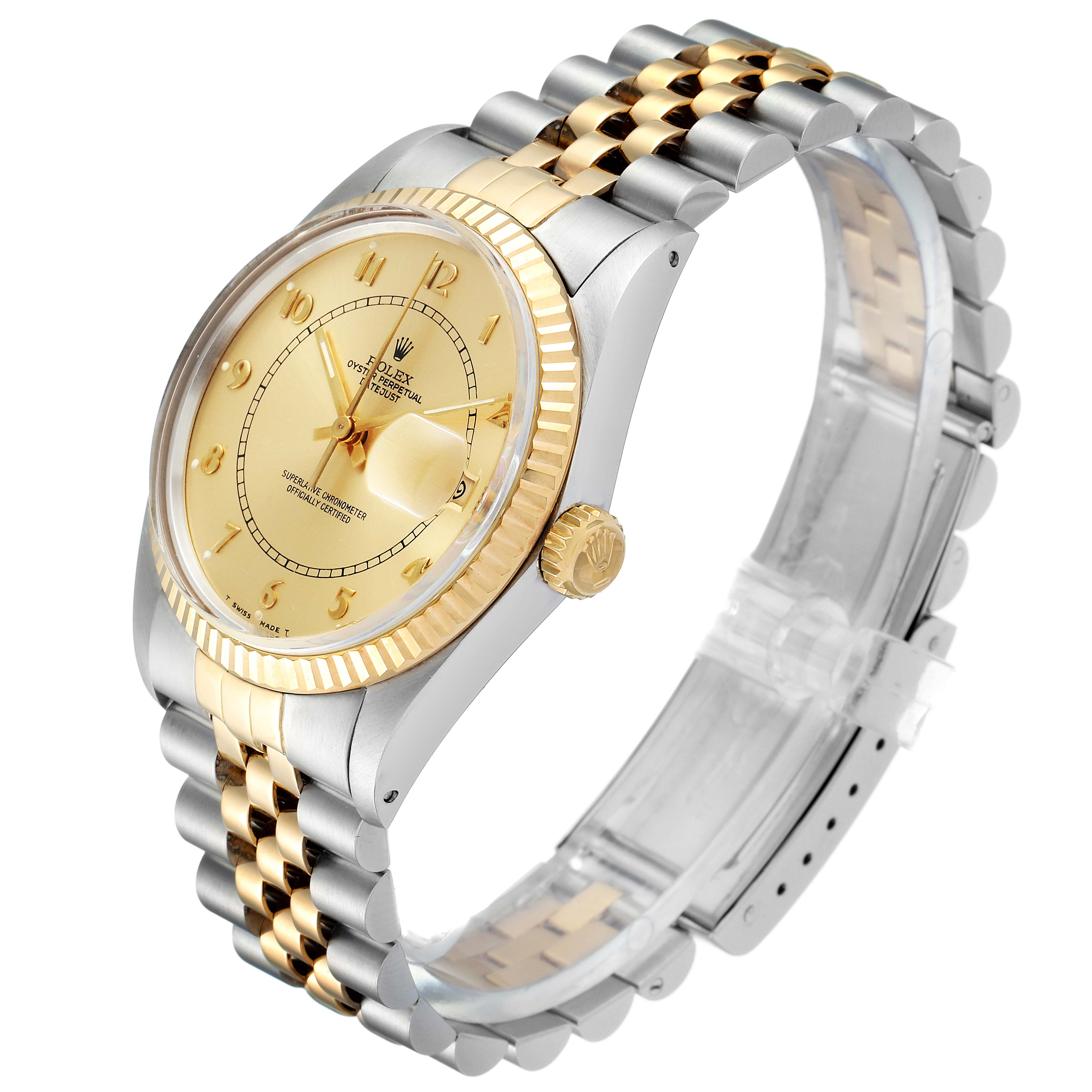 The Rolex Vintage Collection 16013 Men's Steel and Gold (two tone) Champagne Dial 16013 Men's Steel and Gold (two tone) Champagne Dial watch is shown at a slight angle, displaying its dial, bezel, crown, and two-tone bracelet.