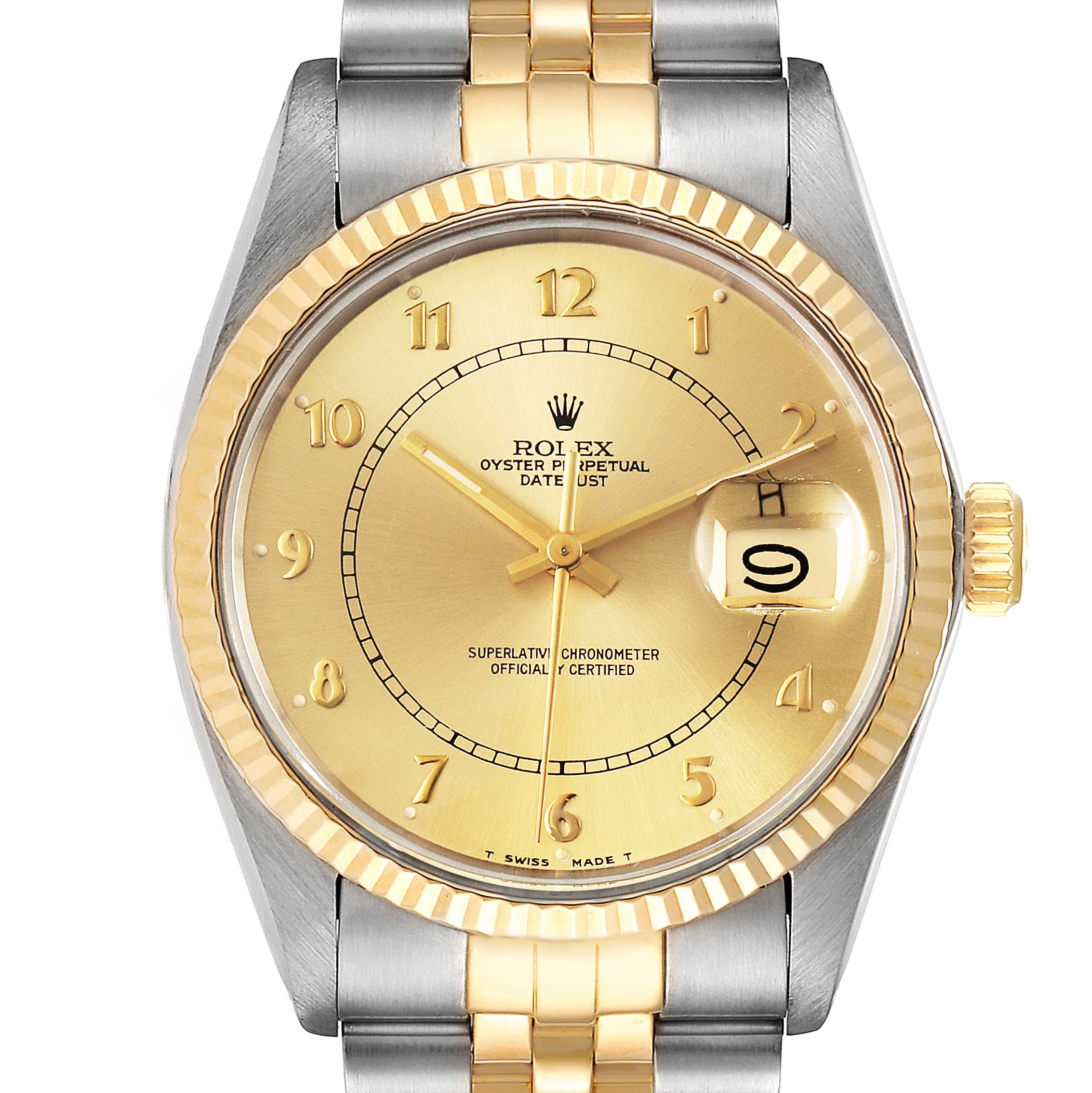 The image shows a front view of the Rolex Vintage Collection 16013 Men's Steel and Gold (two tone) Champagne Dial 16013 Men's Steel and Gold (two tone) Champagne Dial watch displaying the face, bezel, and part of the bracelet.