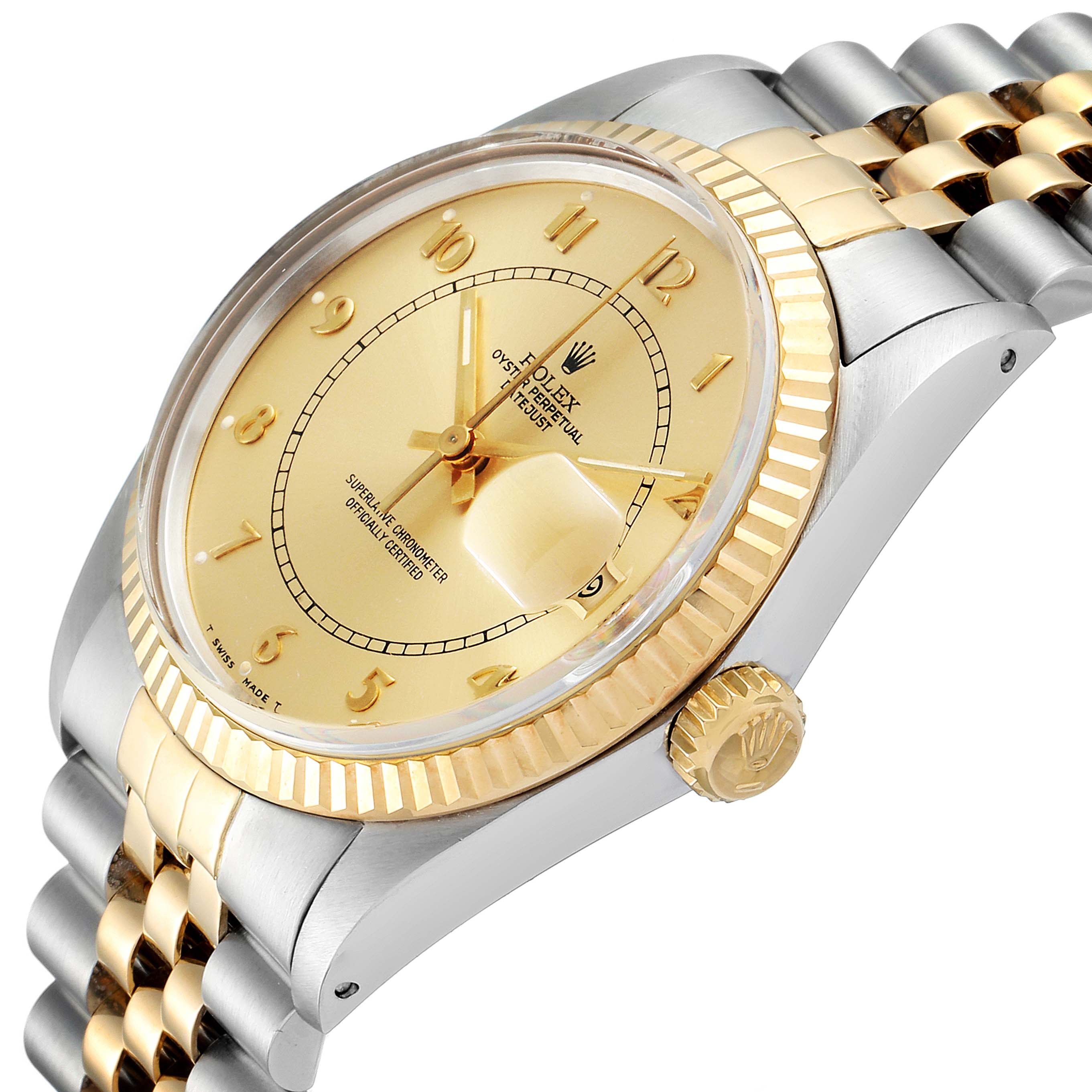 The Rolex Vintage Collection 16013 Men's Steel and Gold (two tone) Champagne Dial 16013 Men's Steel and Gold (two tone) Champagne Dial watch is shown at a three-quarter angle, highlighting its gold dial, fluted bezel, and two-tone bracelet.