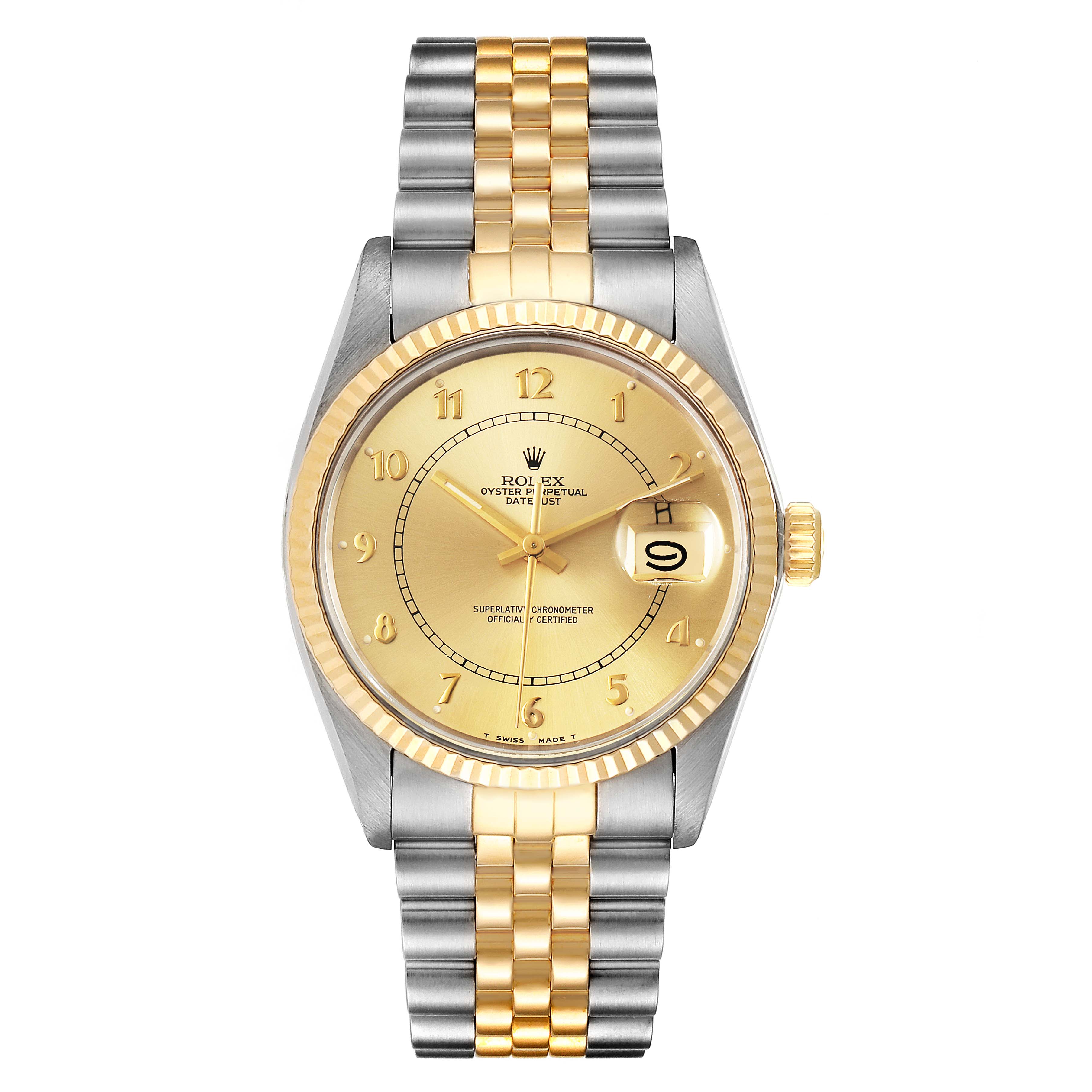 This image shows a front view of a Vintage Collection Rolex Oyster Perpetual Datejust watch with a gold face and two-tone bracelet.