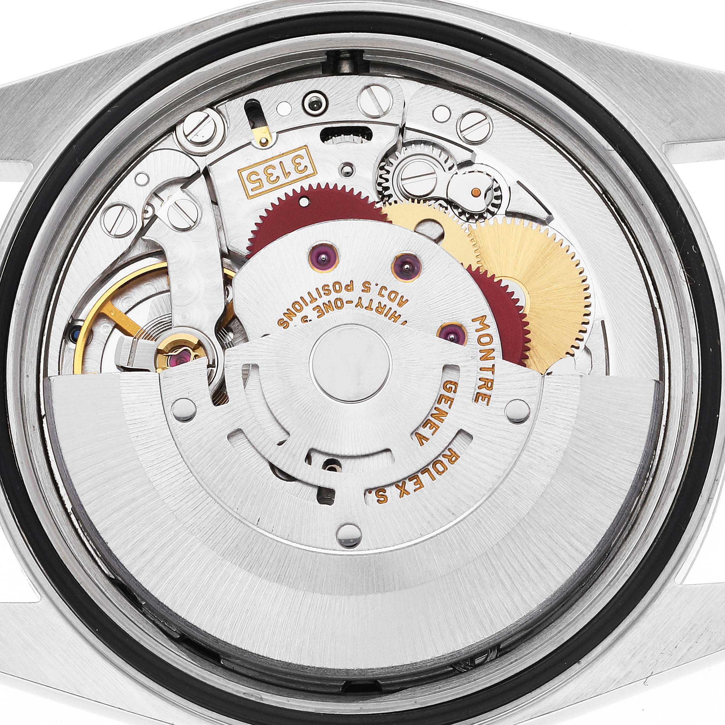 This image shows the inner watch movement of a Rolex Datejust 16200 Men's Stainless Steel Black Dial 16200 Men's Stainless Steel Black Dial model from a top-down angle.