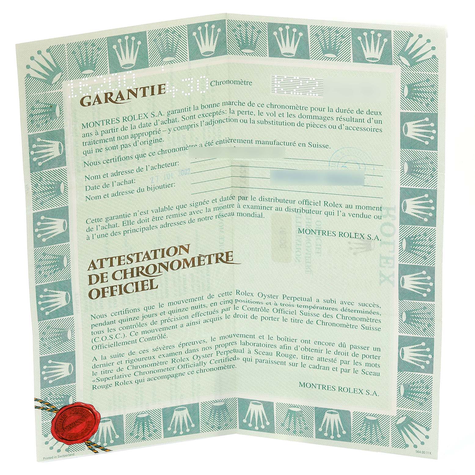 This image shows the open warranty and chronometer certification papers for a Rolex Datejust 16200 Men's Stainless Steel Black Dial 16200 Men's Stainless Steel Black Dial watch.