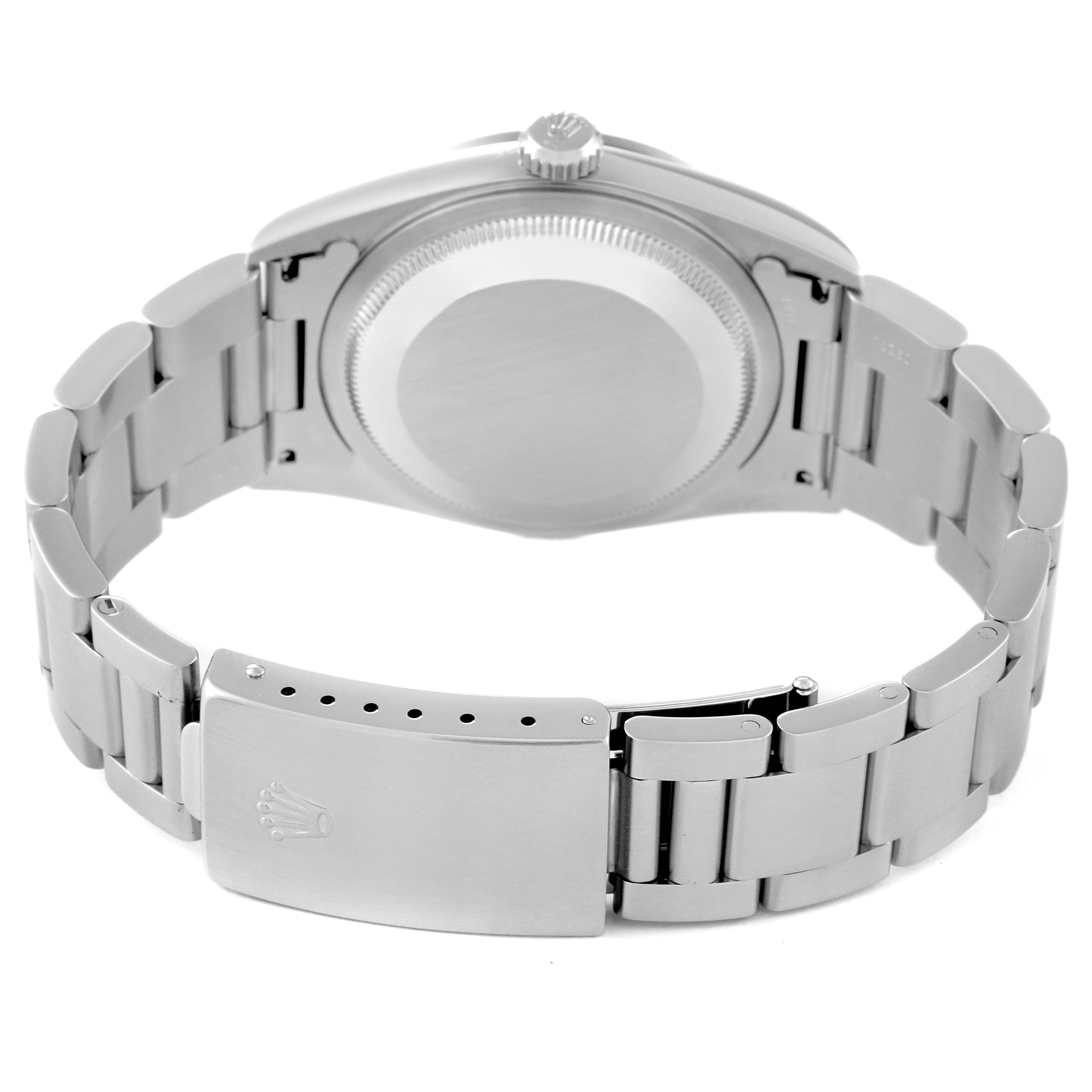 This image shows the back side of a Rolex Datejust 16200 Men's Stainless Steel Black Dial 16200 Men's Stainless Steel Black Dial watch, focusing on the bracelet and case back.