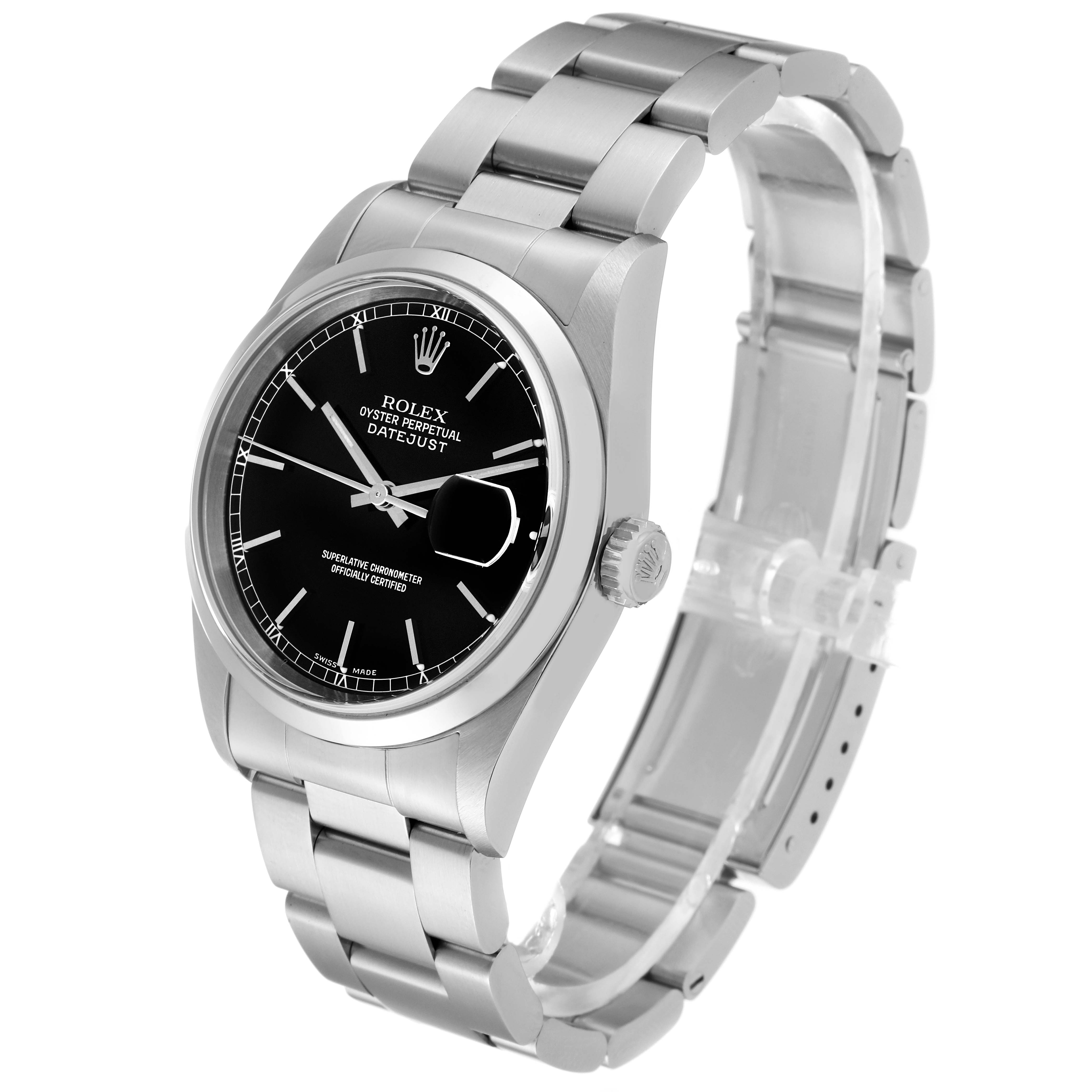 The Rolex Datejust 16200 Men's Stainless Steel Black Dial 16200 Men's Stainless Steel Black Dial watch is shown at a three-quarter angle, displaying the face, case, crown, and bracelet.