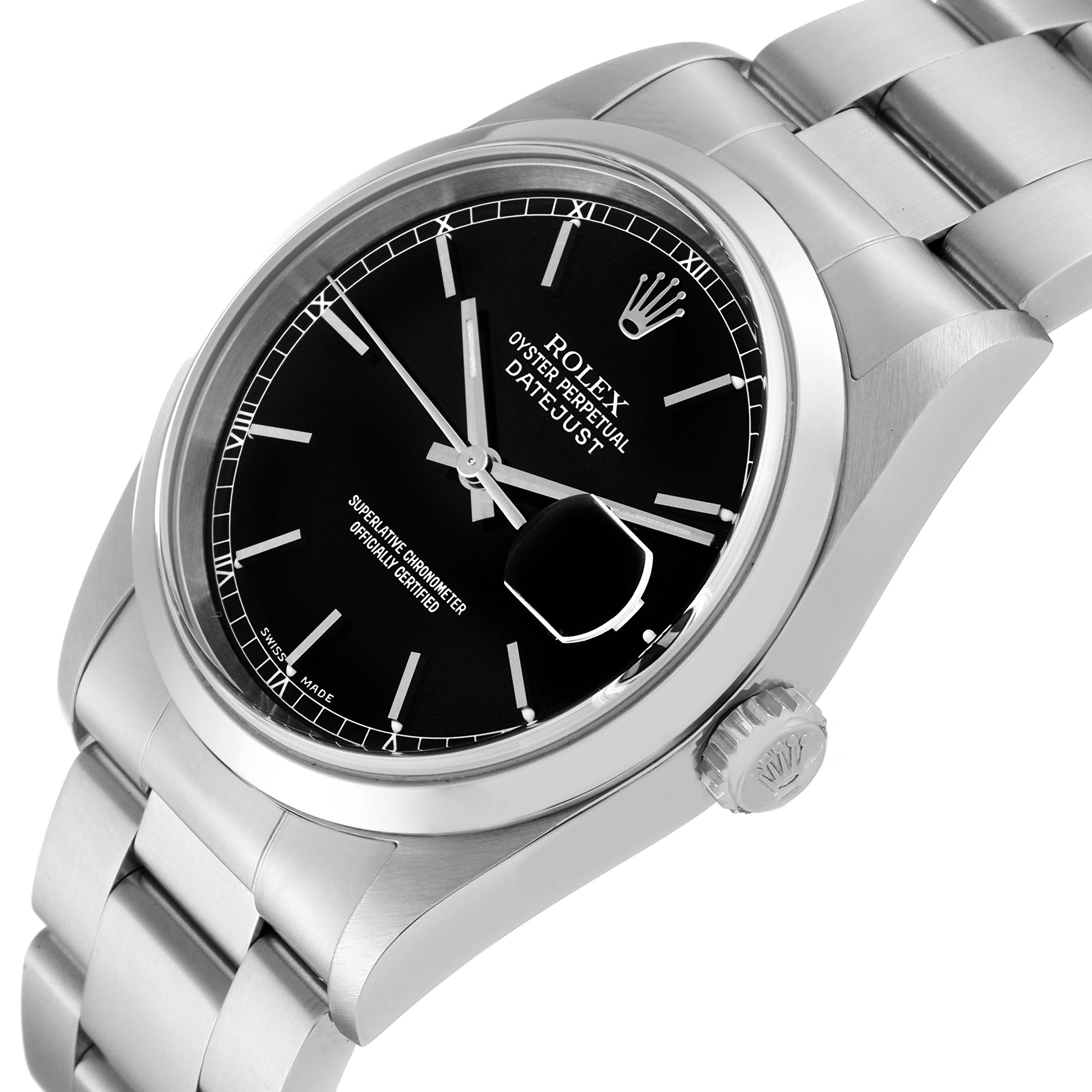 This image shows a close-up, angled view of the Rolex Datejust 16200 Men's Stainless Steel Black Dial 16200 Men's Stainless Steel Black Dial watch, highlighting the dial, date magnifier, case, and bracelet.