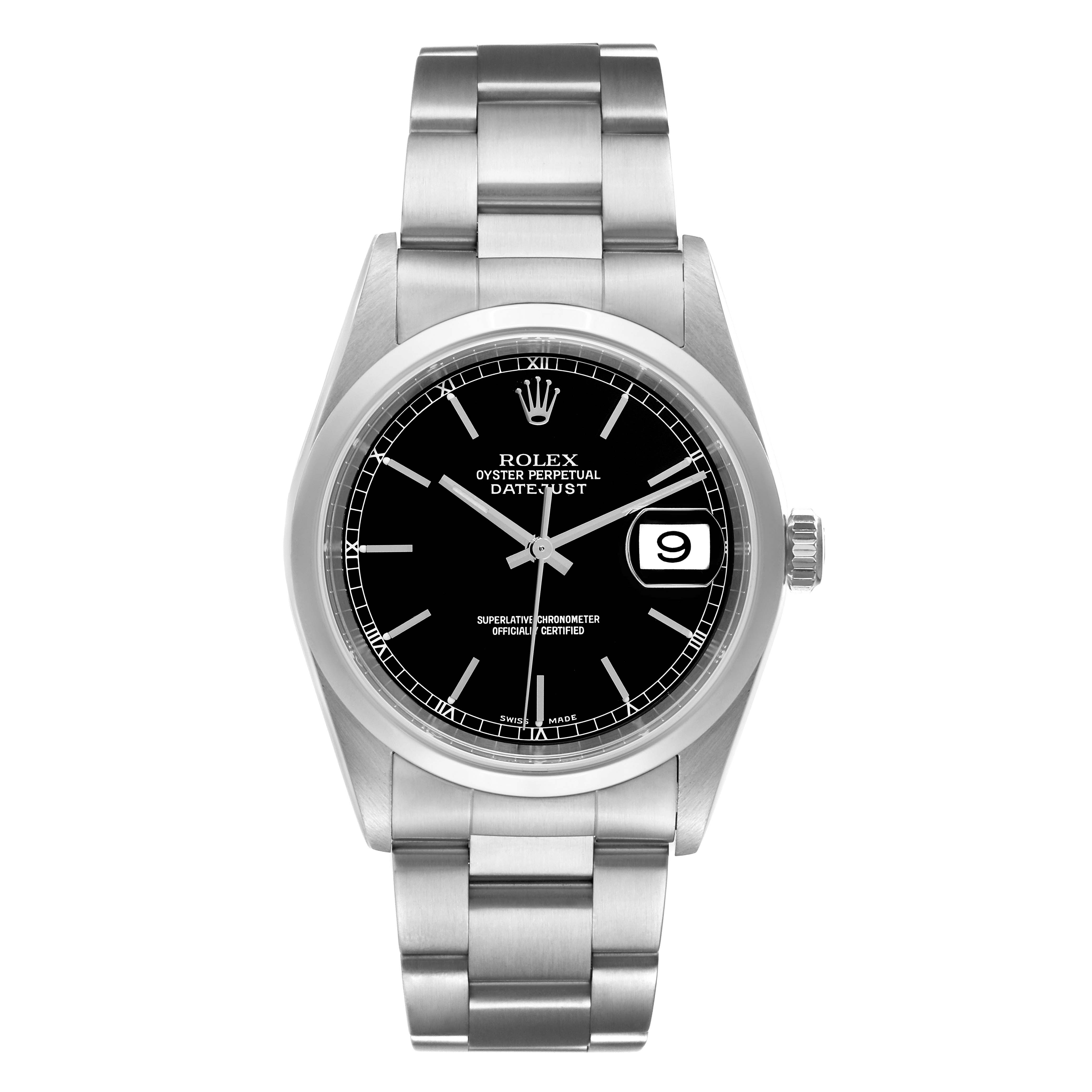 This image shows a front view of a Rolex Datejust 16200 Men's Stainless Steel Black Dial 16200 Men's Stainless Steel Black Dial watch, displaying the dial, bezel, and bracelet in full.