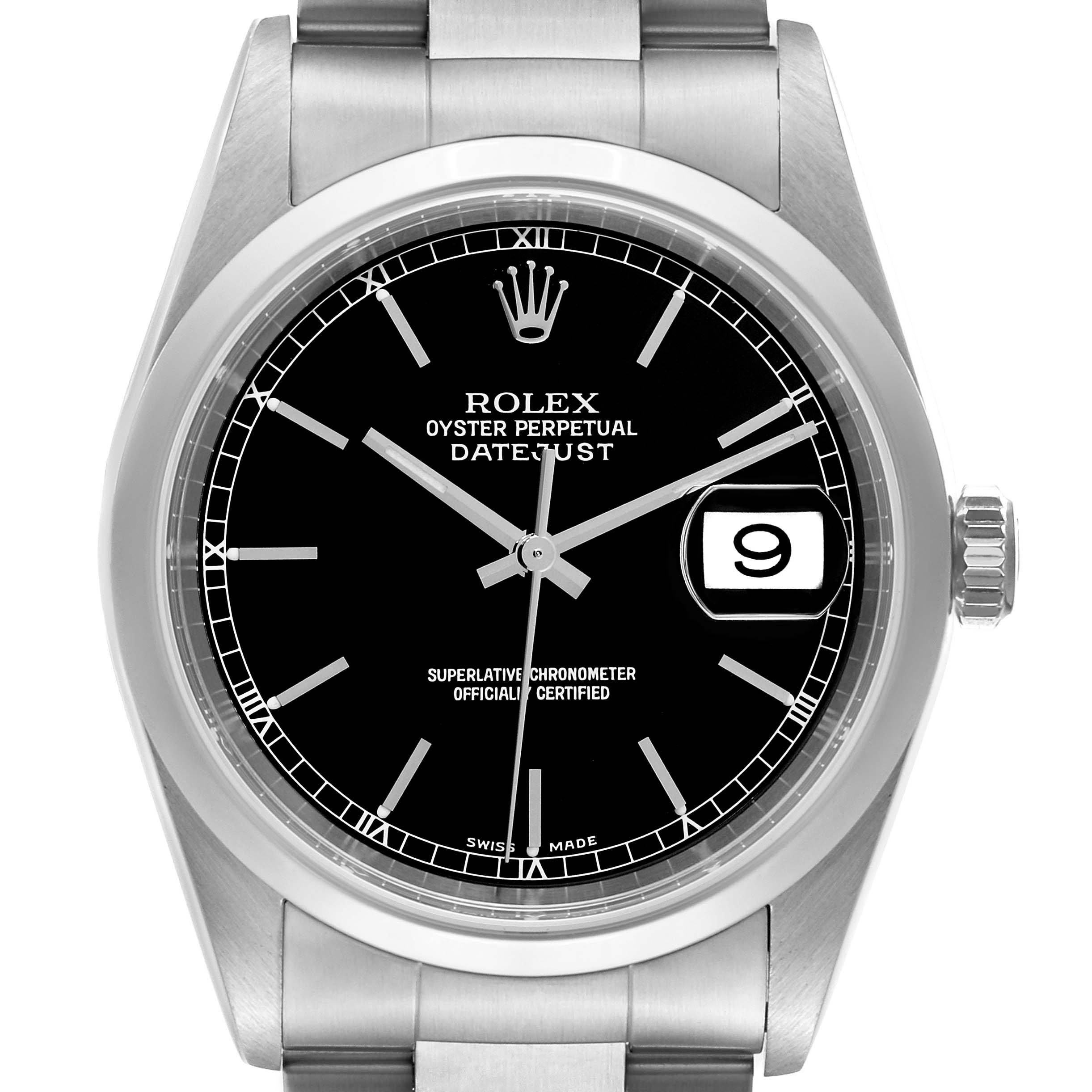 This image shows a front view of a Rolex Datejust 16200 Men's Stainless Steel Black Dial 16200 Men's Stainless Steel Black Dial watch, highlighting its black dial, date window, and stainless steel bracelet.
