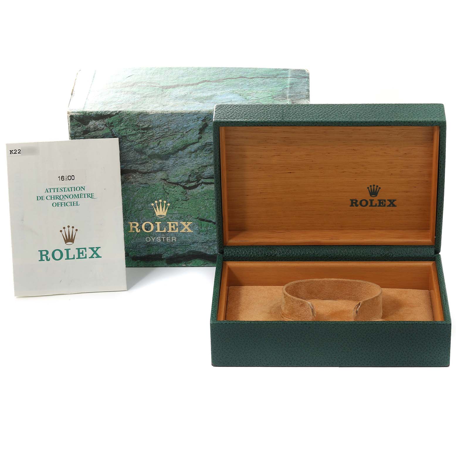 This image shows a Rolex Datejust 16200 Men's Stainless Steel Black Dial 16200 Men's Stainless Steel Black Dial watch box, open, with its outer packaging and documentation visible.