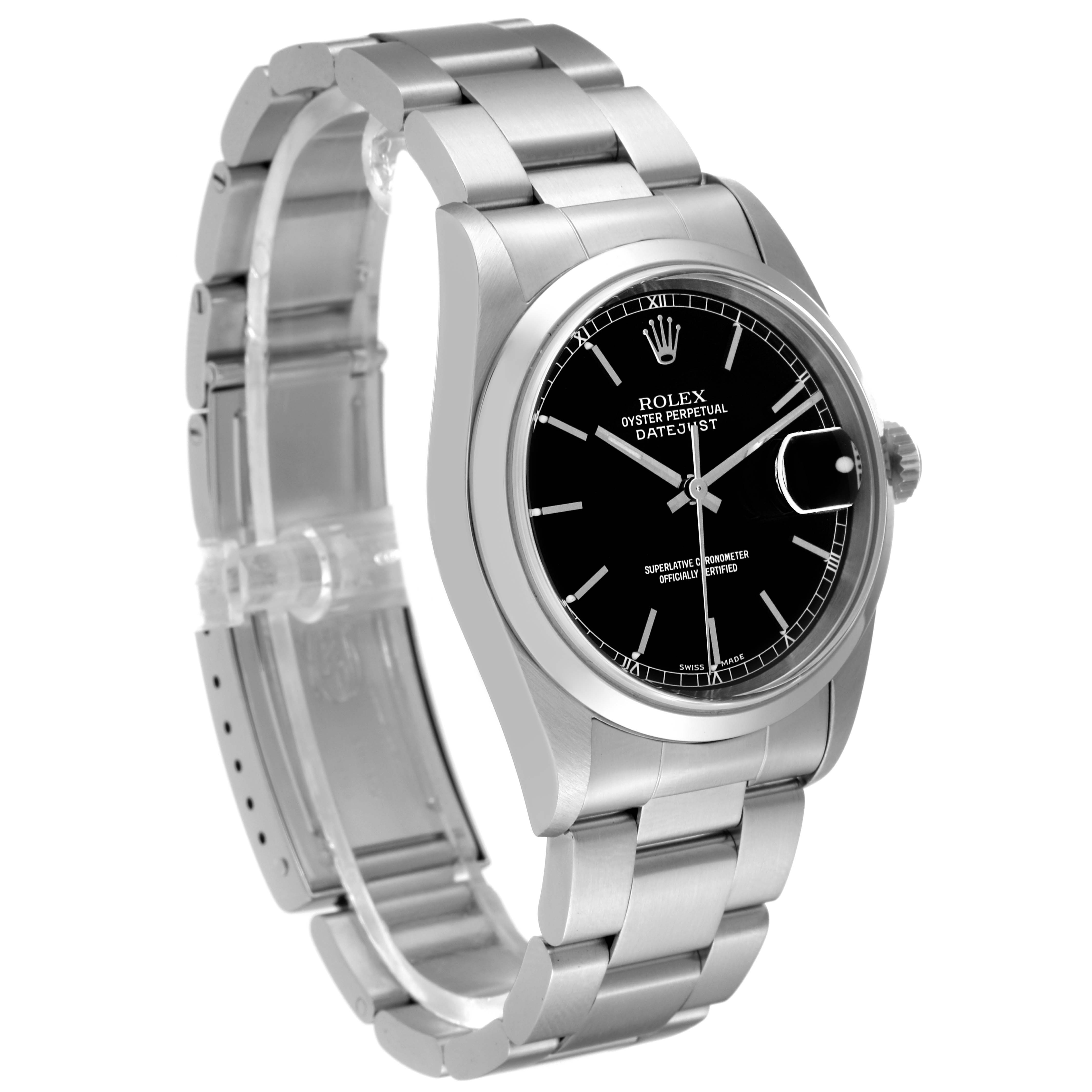The Rolex Datejust 16200 Men's Stainless Steel Black Dial 16200 Men's Stainless Steel Black Dial watch is shown at a three-quarter angle, highlighting the black dial, stainless steel case, and bracelet.
