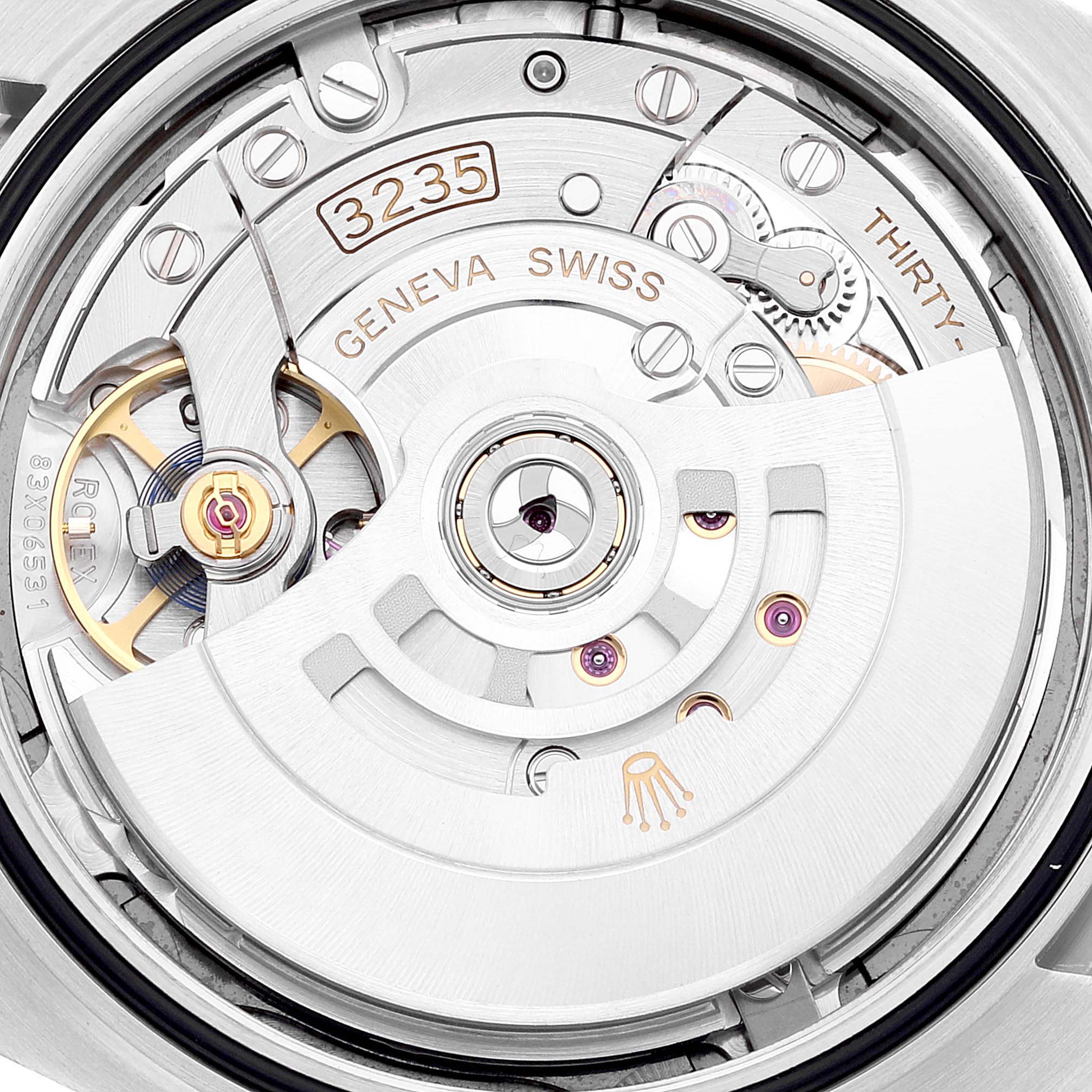 The image shows a close-up view of the movement inside the Rolex Datejust 41 126334 Men
s Stainless Steel Grey Dial 126334 Men
s Stainless Steel Grey Dial, featuring the 3235 caliber.
