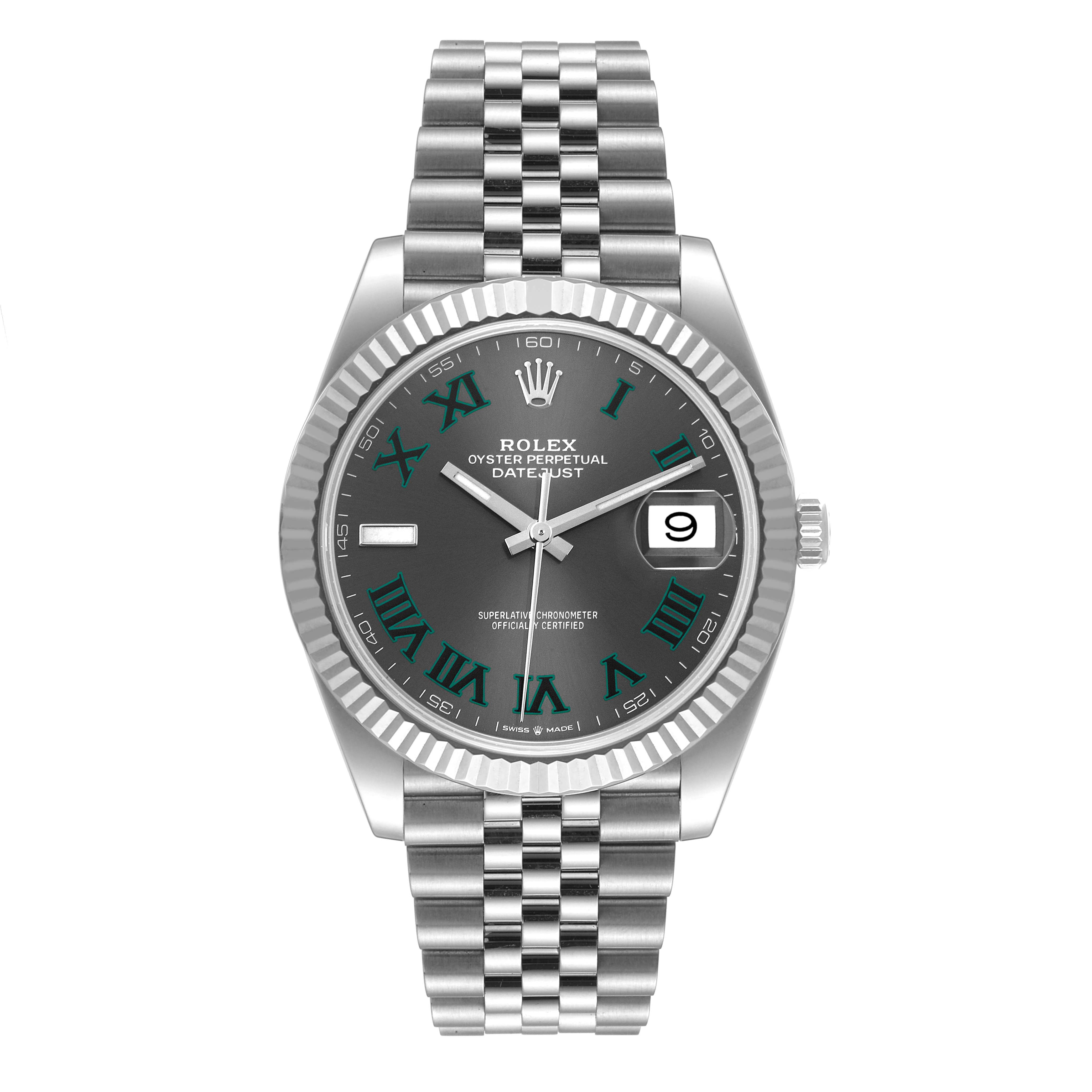 The Rolex Datejust 41 126334 Men
s Stainless Steel Grey Dial 126334 Men
s Stainless Steel Grey Dial watch is shown from a front angle, highlighting its dial, bezel, bracelet, and date window.