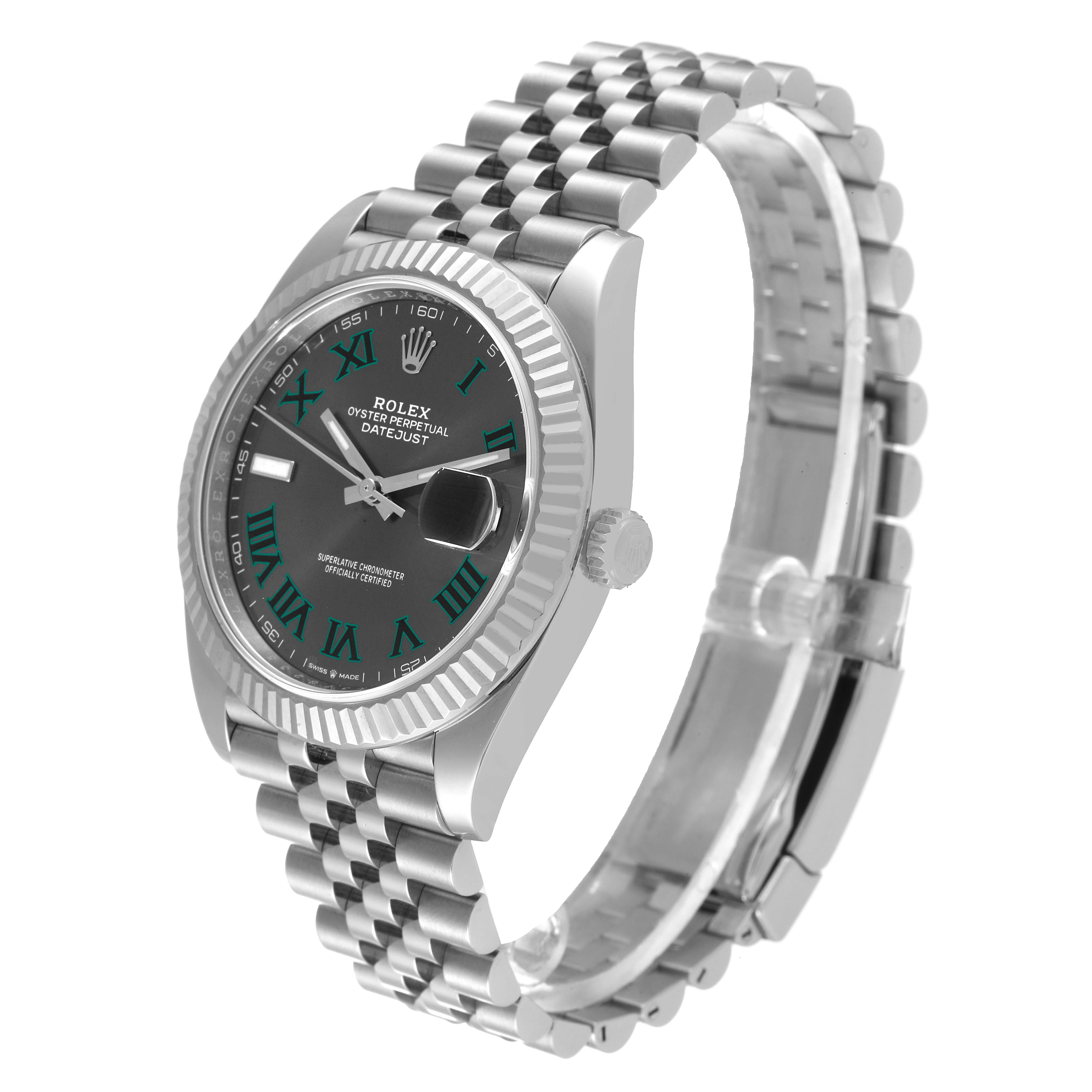 The image shows a side angle of the Rolex Datejust 41 126334 Men
s Stainless Steel Grey Dial 126334 Men
s Stainless Steel Grey Dial model watch, highlighting the dial and the Jubilee bracelet.