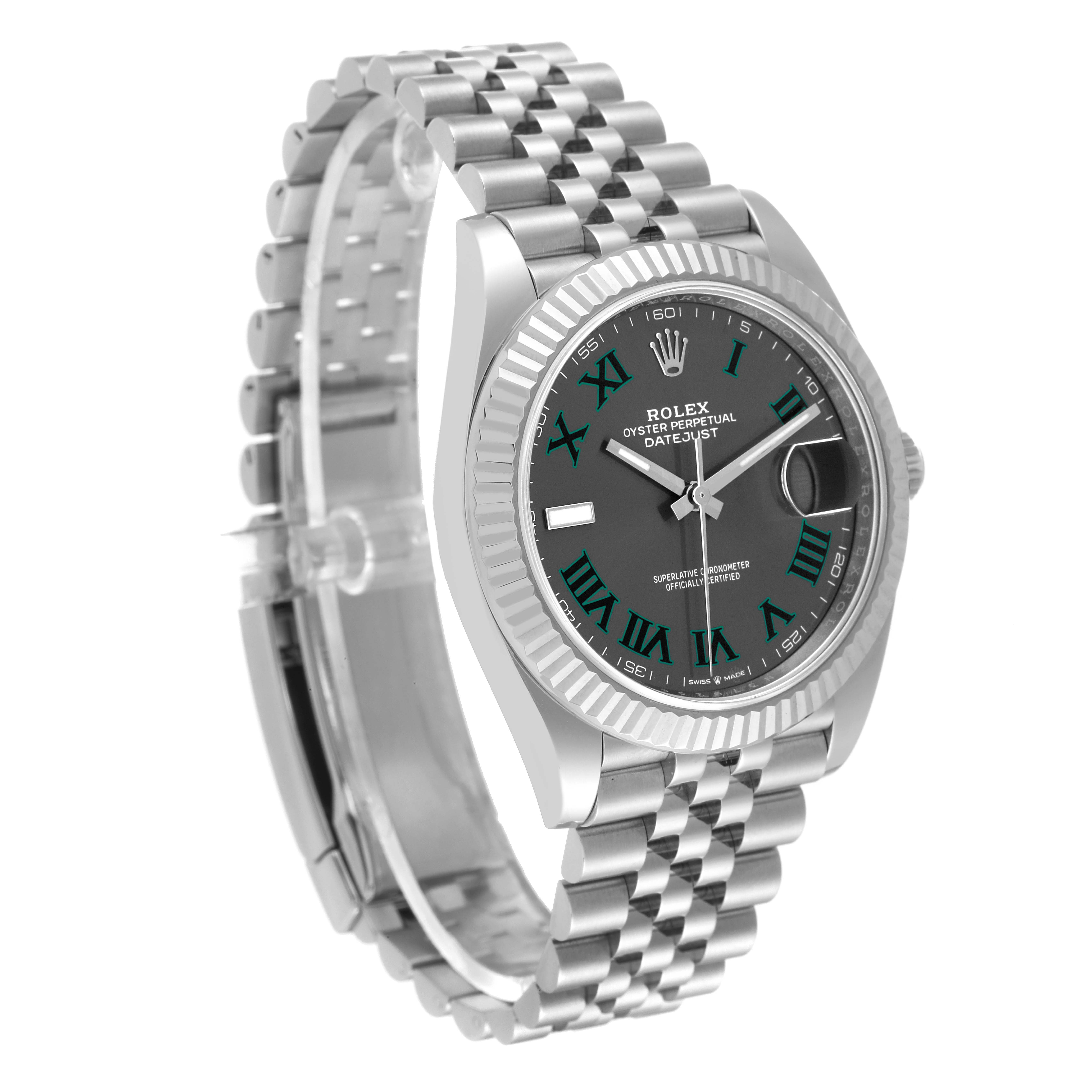 The Rolex Datejust 41 126334 Men
s Stainless Steel Grey Dial 126334 Men
s Stainless Steel Grey Dial watch is shown at an angle displaying the face, bezel, and bracelet.