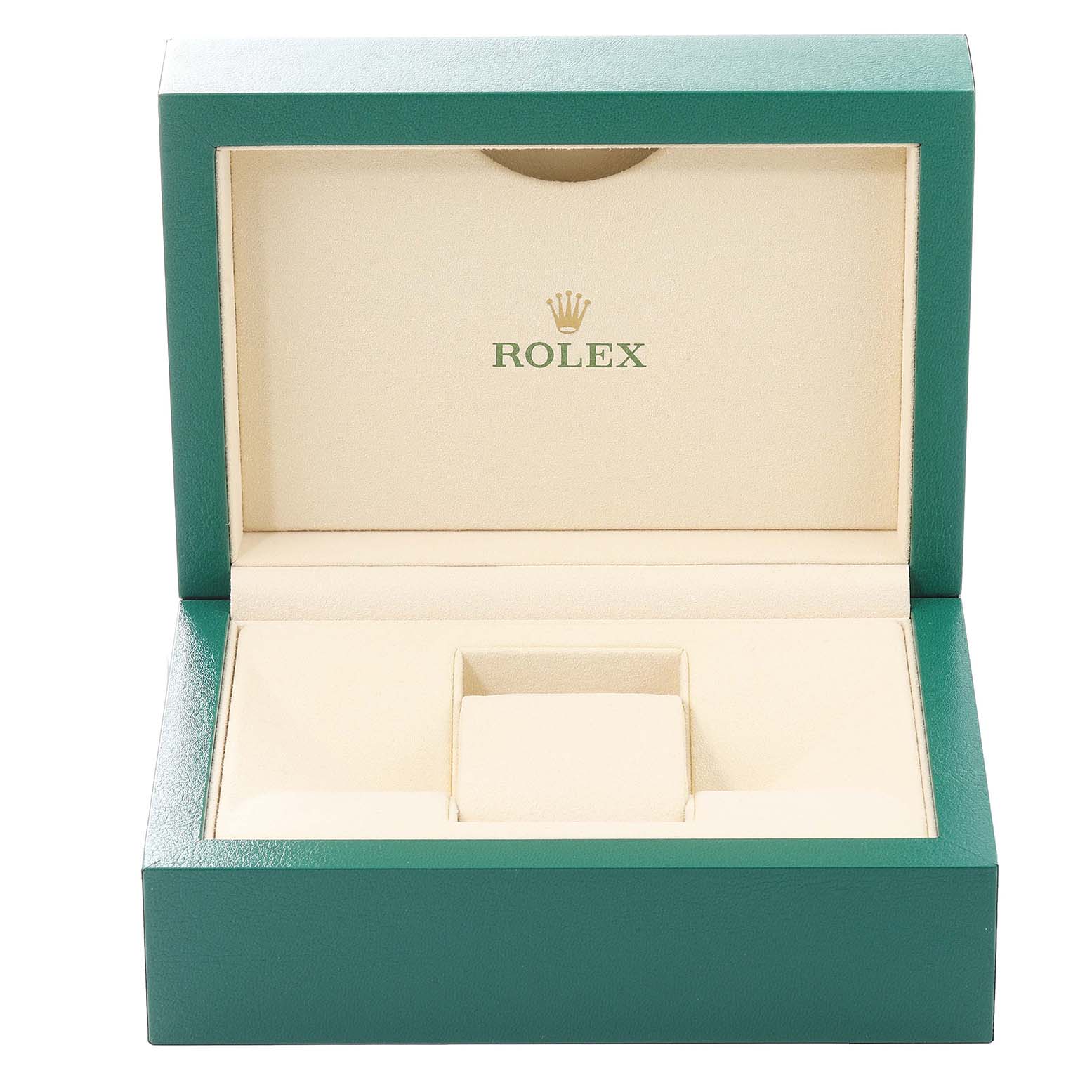 This image shows an open green Rolex box for the Datejust 41 model, displaying the interior without the watch.