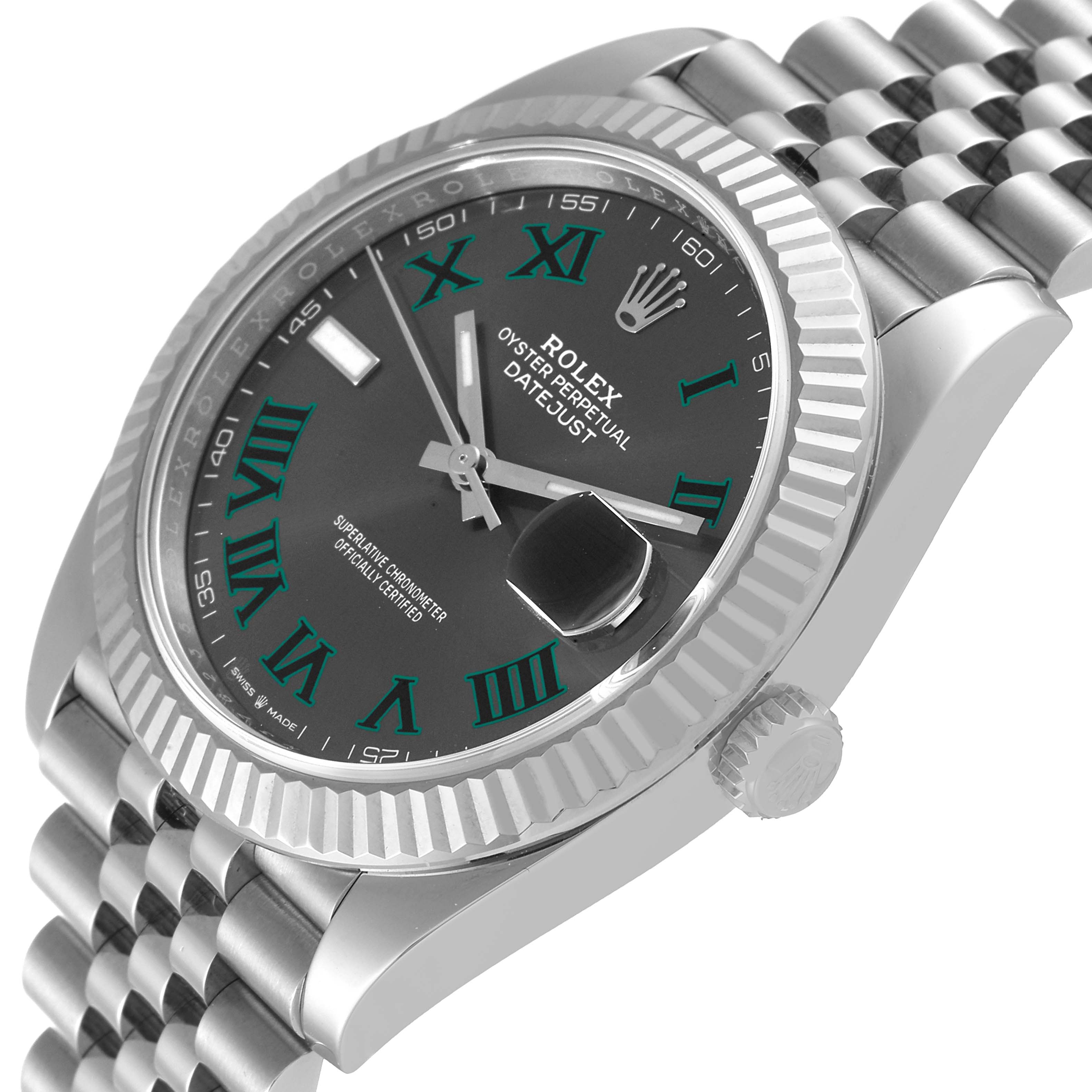 The image shows a close-up angle of the Rolex Datejust 41 126334 Men
s Stainless Steel Grey Dial 126334 Men
s Stainless Steel Grey Dial watch, focusing on the dial, bezel, and a portion of the bracelet.