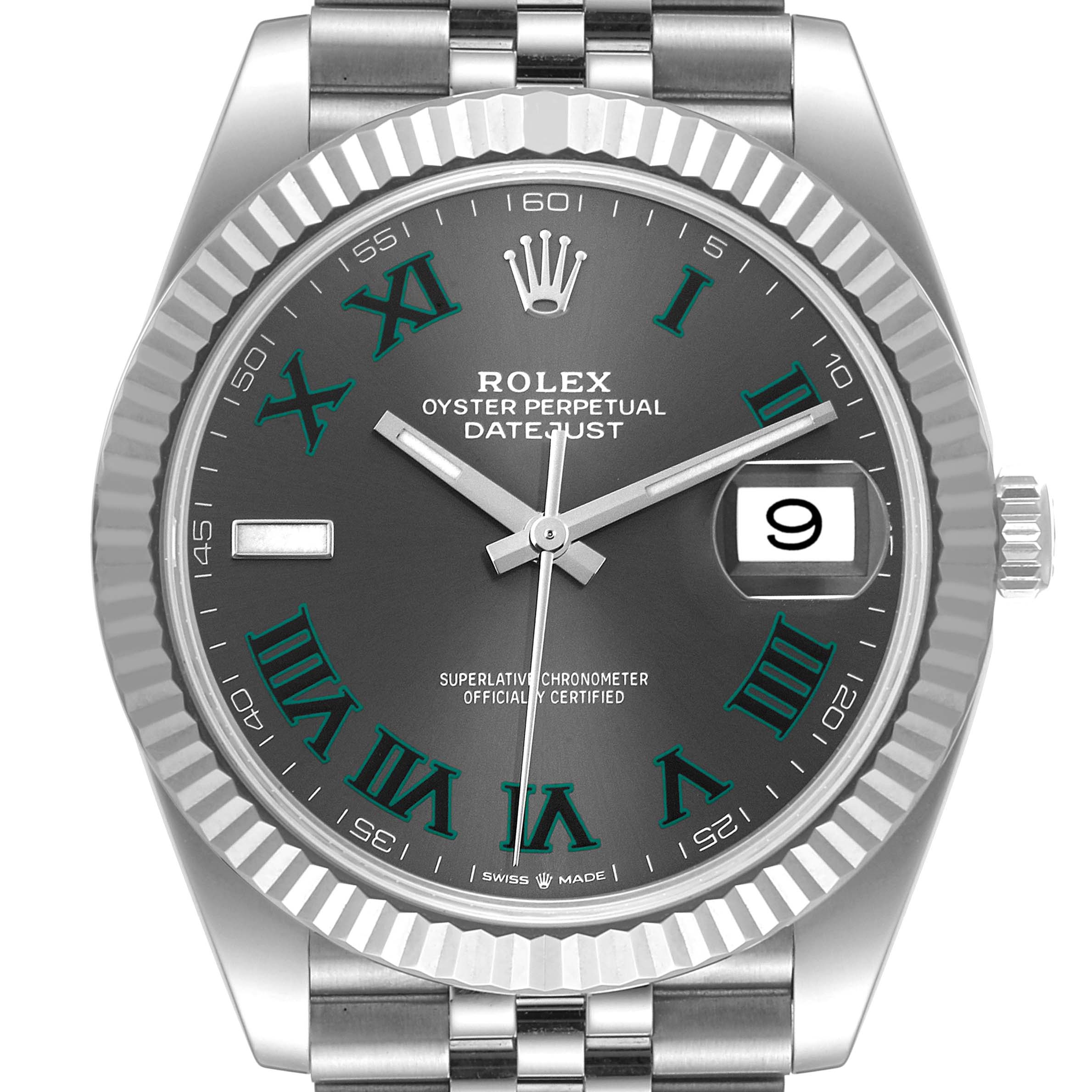 The image shows a front view of the Rolex Datejust 41 126334 Men
s Stainless Steel Grey Dial 126334 Men
s Stainless Steel Grey Dial, highlighting its dial, hands, date window, and bezel.