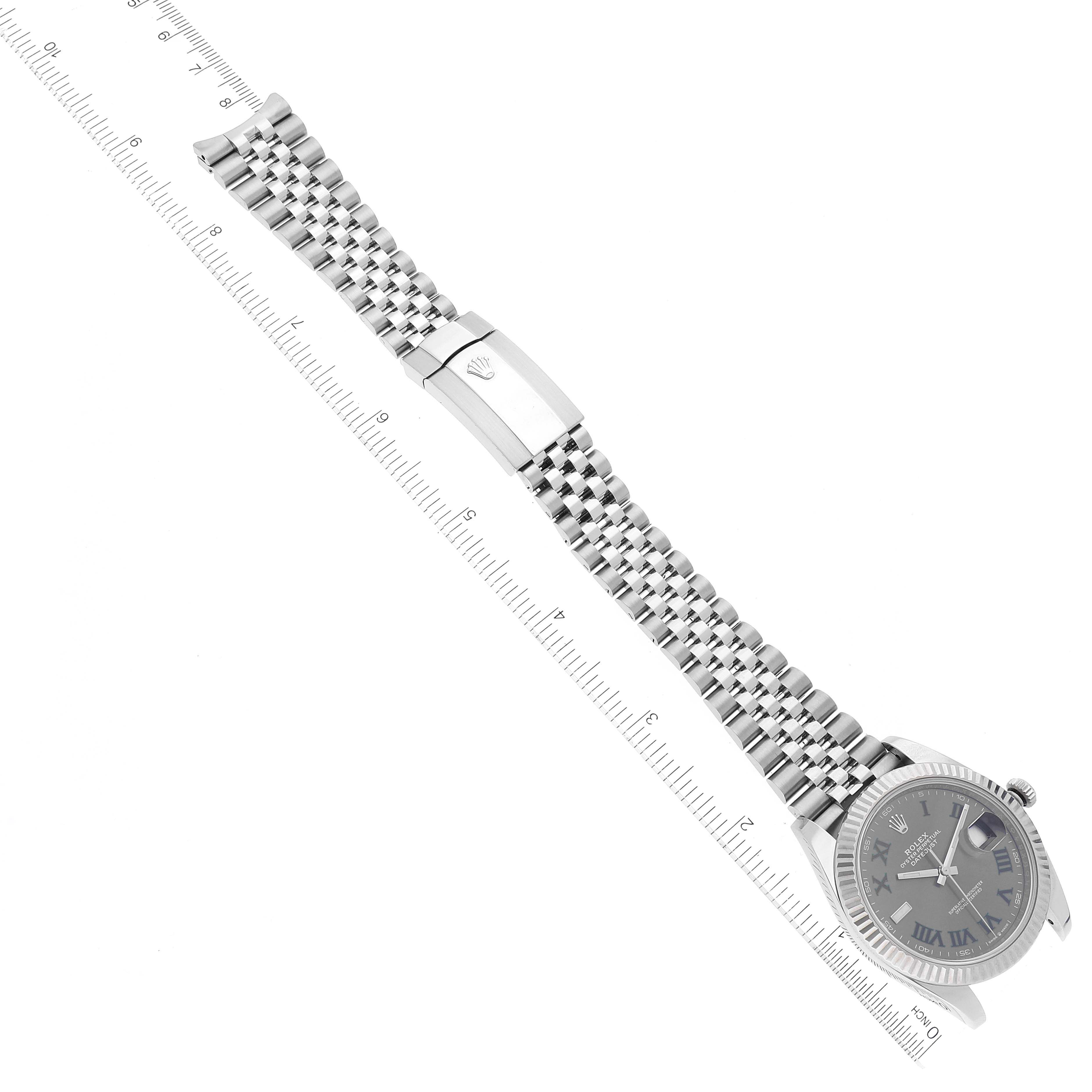 This image shows a Rolex Datejust 41 126334 Men
s Stainless Steel Grey Dial 126334 Men
s Stainless Steel Grey Dial watch, displaying the bracelet, clasp, crown, and the watch face from an angled top-down view.