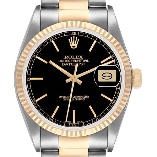 The Rolex Datejust 16013 Men's Steel and Gold (two tone) Black Dial watch is shown from the front, detailing the bezel, crown, dial, and partial bracelet.