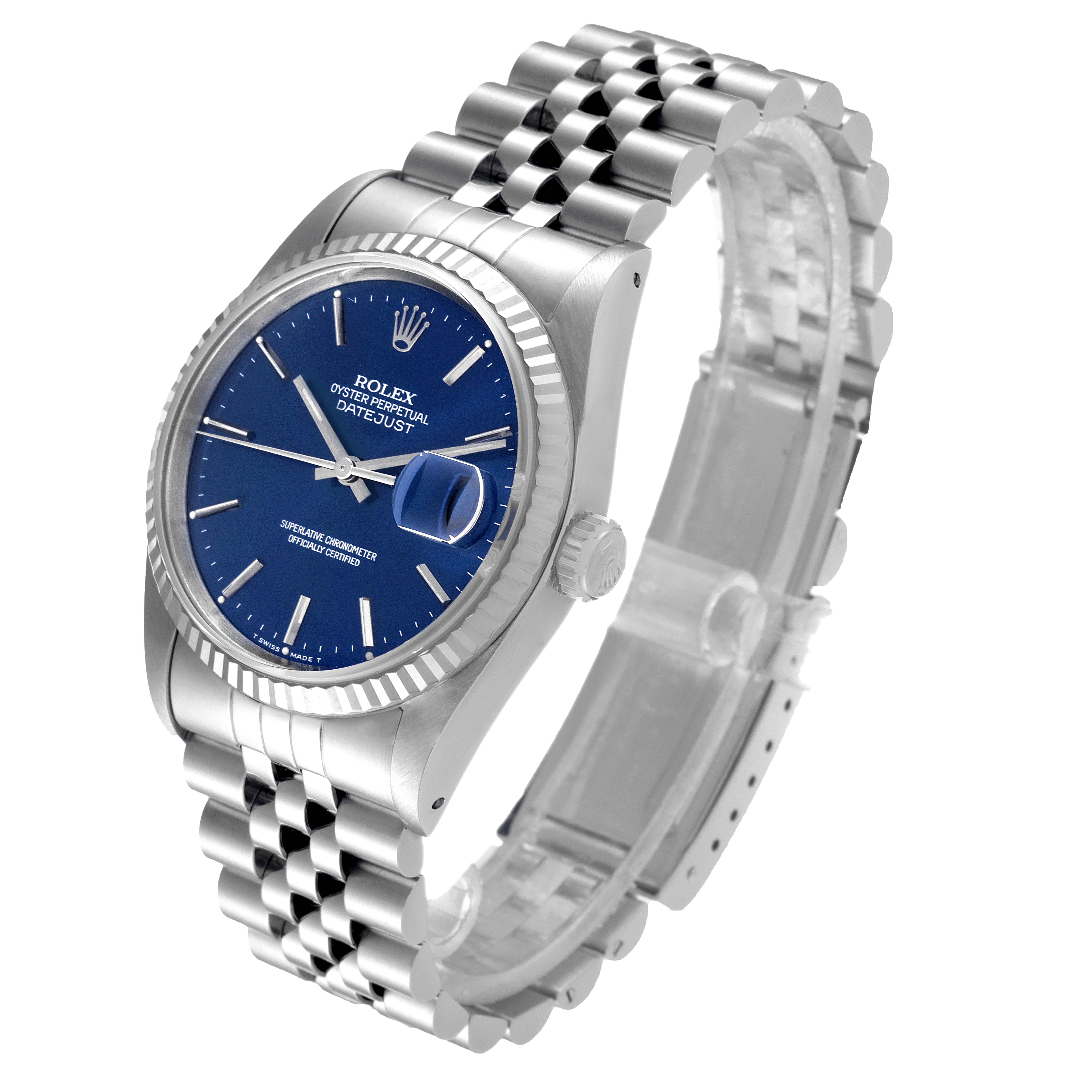 This Rolex Datejust 16234 Men's Stainless Steel Silver Dial 16234 Men's Stainless Steel Silver Dial watch is shown from an angled side view, highlighting the dial, crown, and bracelet.