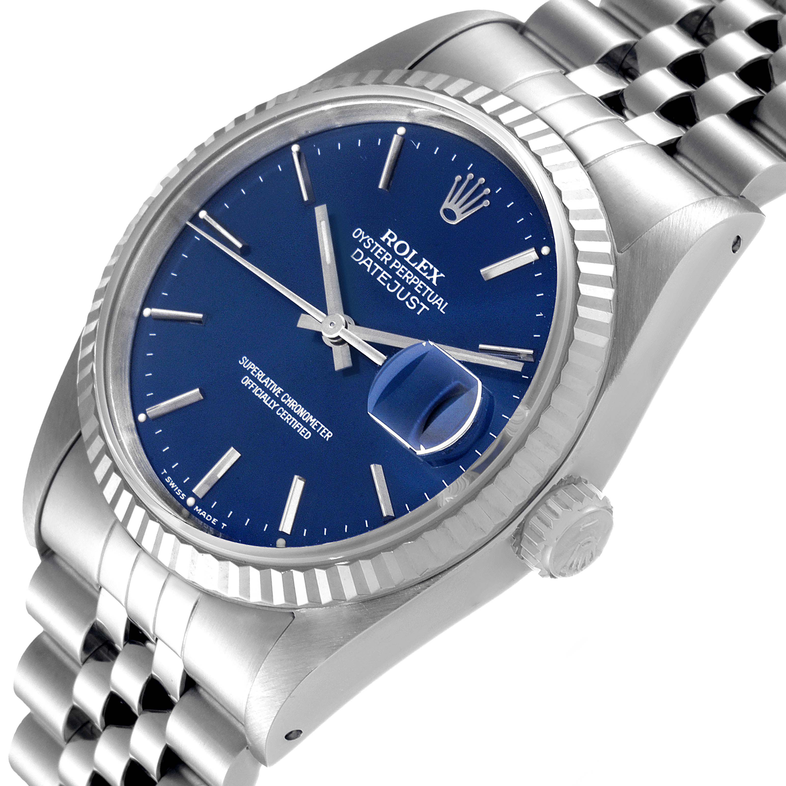 This image shows the Rolex Datejust 16234 Men's Stainless Steel Silver Dial 16234 Men's Stainless Steel Silver Dial from an oblique angle, highlighting the blue dial, fluted bezel, crown, and part of the bracelet.