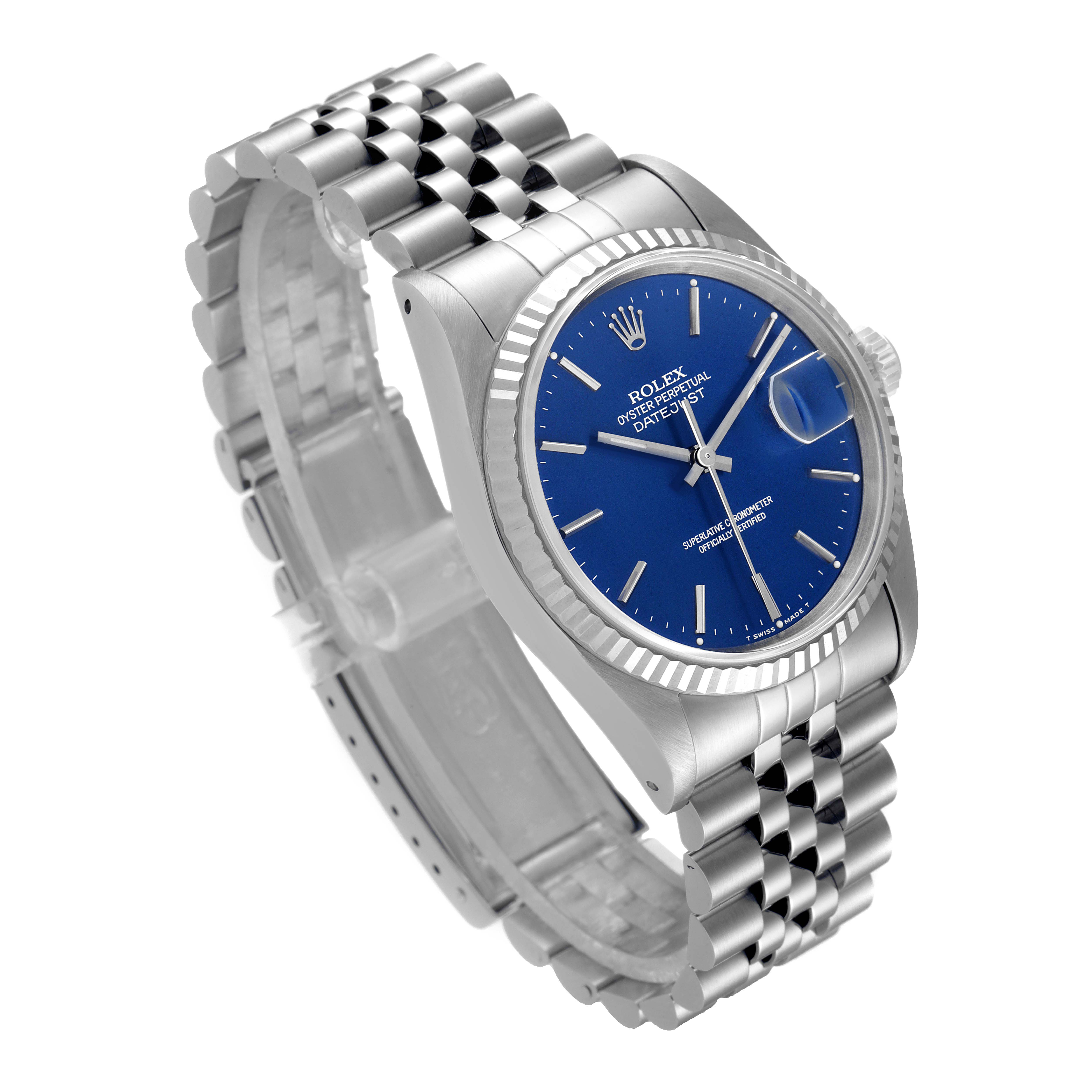 The image shows a Rolex Datejust 16234 Men's Stainless Steel Silver Dial 16234 Men's Stainless Steel Silver Dial watch angled to display the dial, bezel, and metal bracelet.